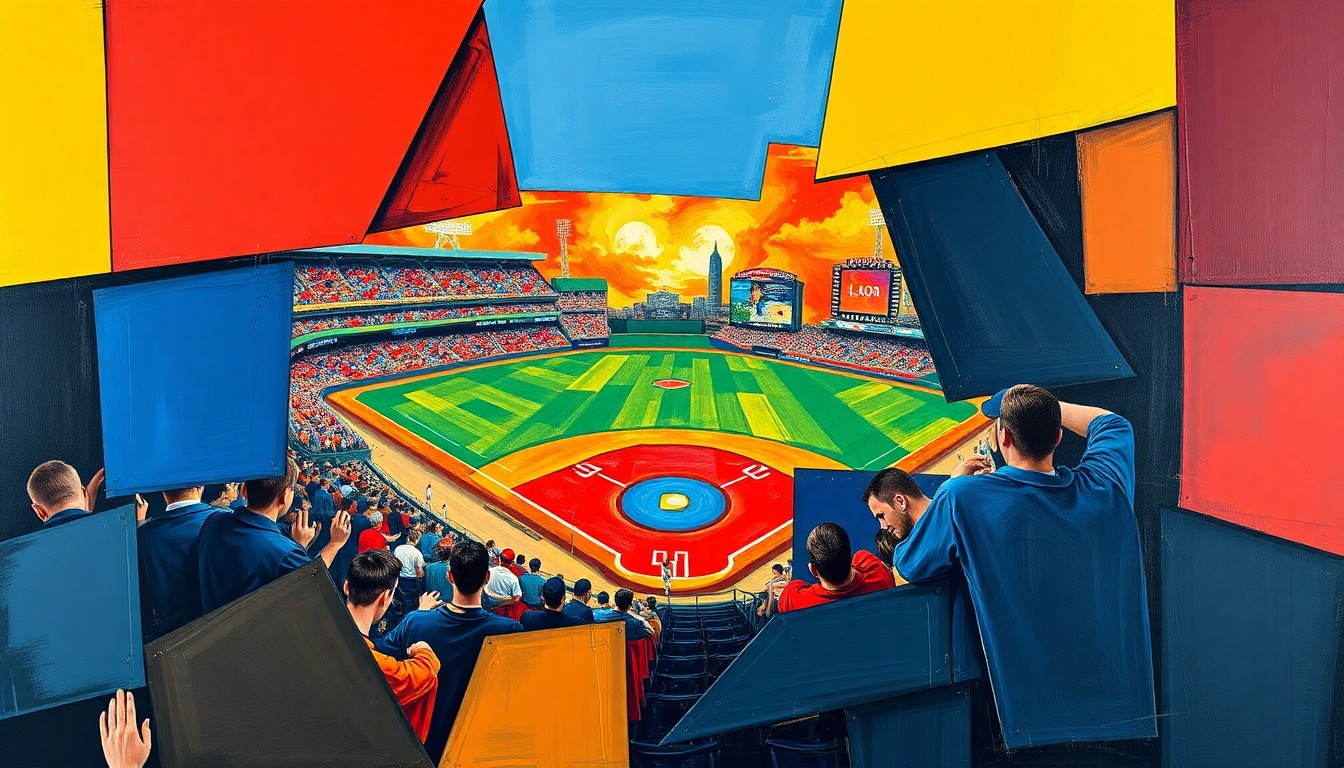 A cubist, geometric painting depicting a baseball game or match, with sharp, overlapping planes of color representing the dynamic action and energy of the sport.
