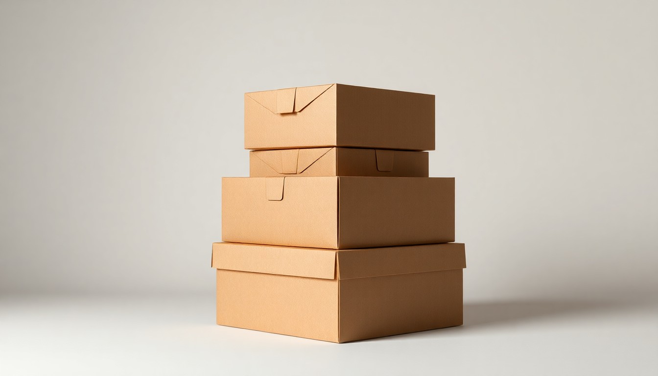 A high-end, photorealistic studio still-life photograph featuring a stack of honeycomb mailer boxes made from polished kraft paper, arranged elegantly on a clean, monochromatic seamless background. The objects use sharp, dramatic studio lighting and deep shadows to represent the abstract concepts of sustainable packaging innovation and supply chain efficiency.