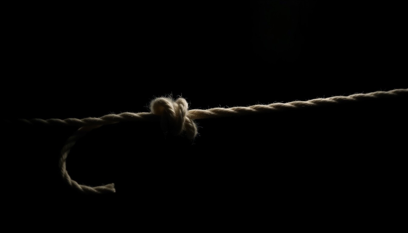 An extreme close-up photograph of a tattered piece of rope, dramatically lit by a harsh camera flash against a pitch-black background, conceptually representing the physical evidence from the Gilgo Beach serial killer case.