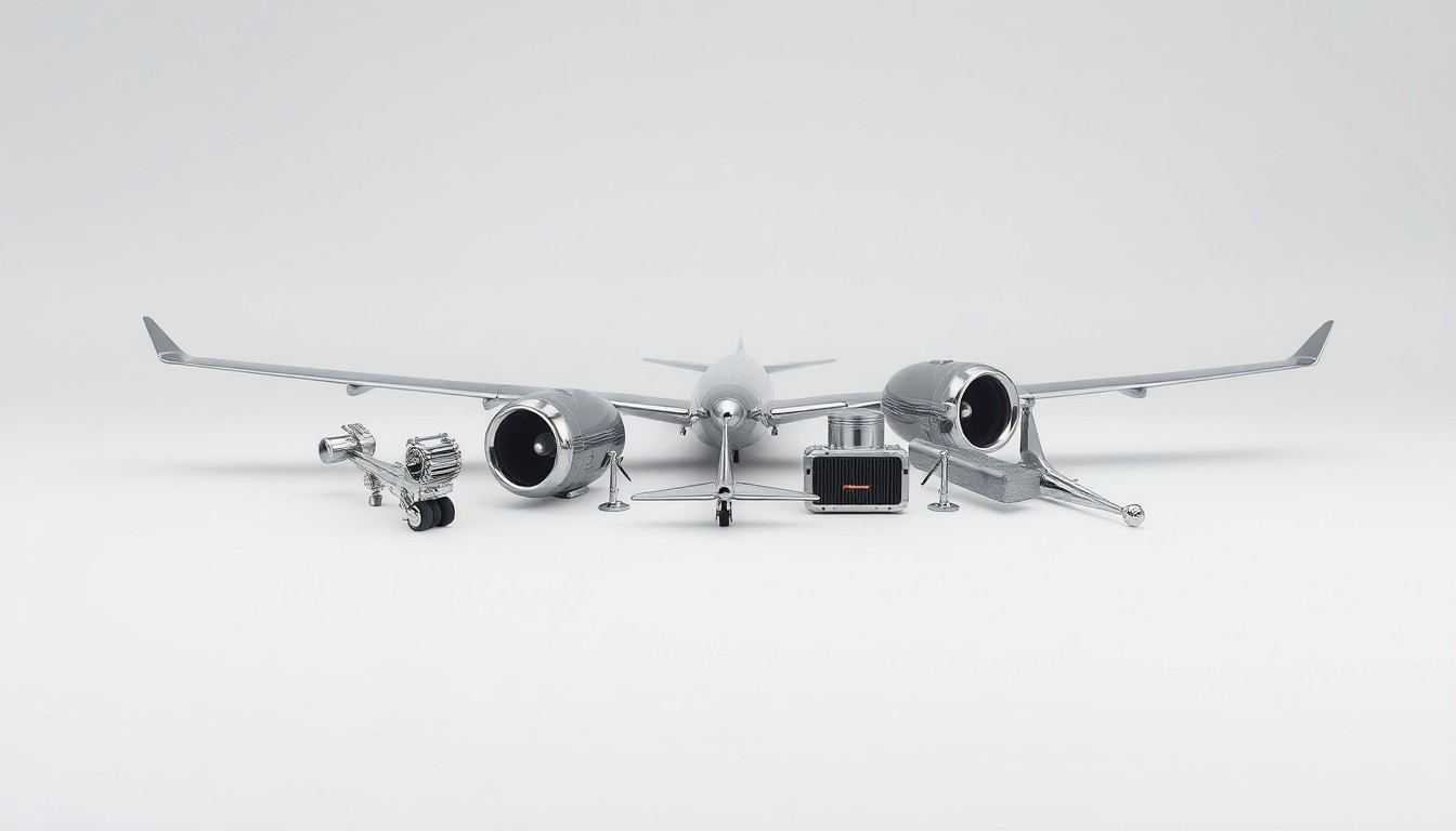 A minimalist studio photograph featuring a row of shiny metal airplane parts and components arranged in a clean, elegant composition on a plain background, conveying the abstract corporate strategy and regulatory oversight of the aviation industry.