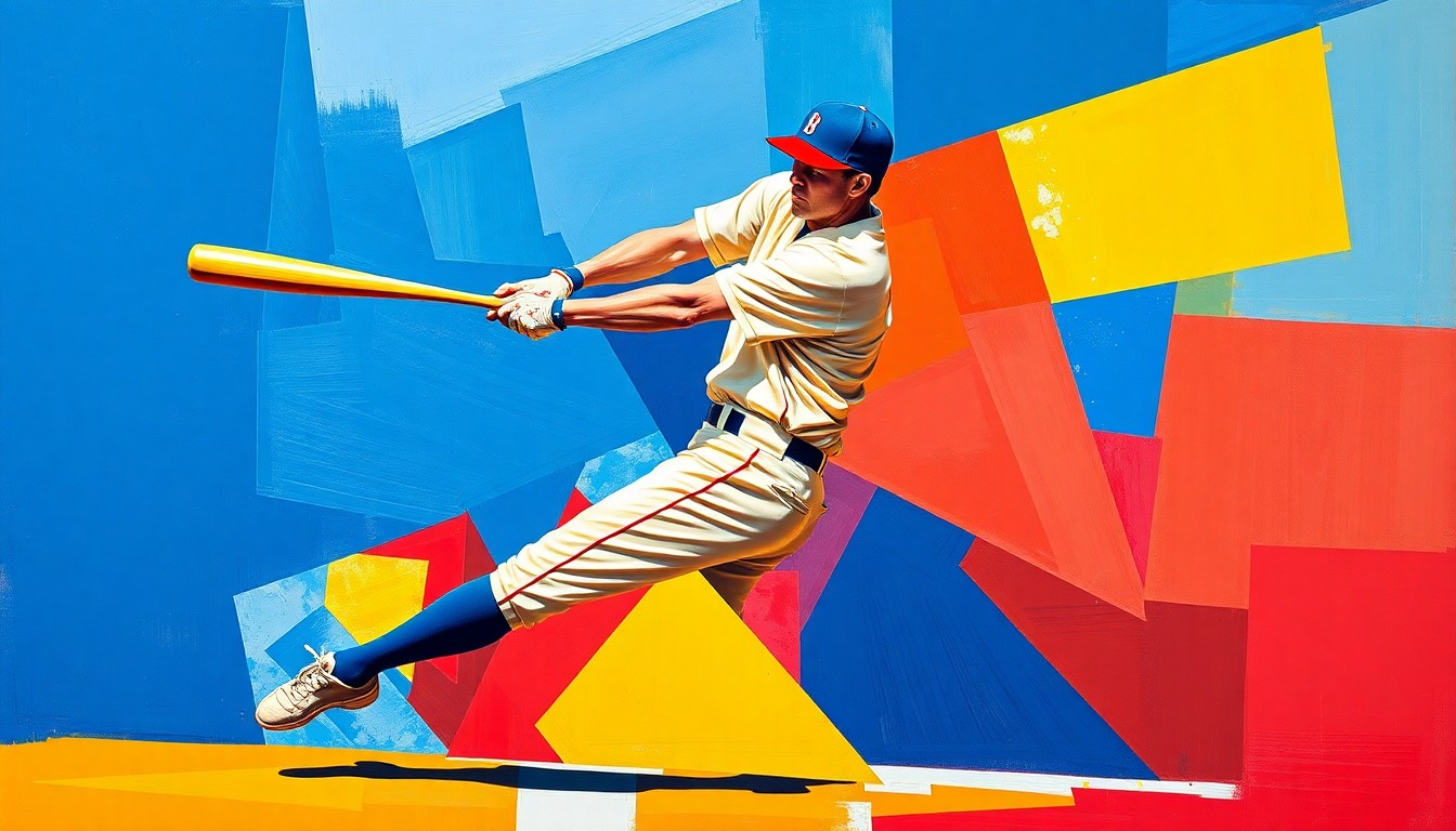 A fractured, geometric painting depicting a baseball player's motion broken down into sharp, overlapping planes of vibrant colors like blue, red, and yellow, conceptually representing the dynamic play of a rising prospect.