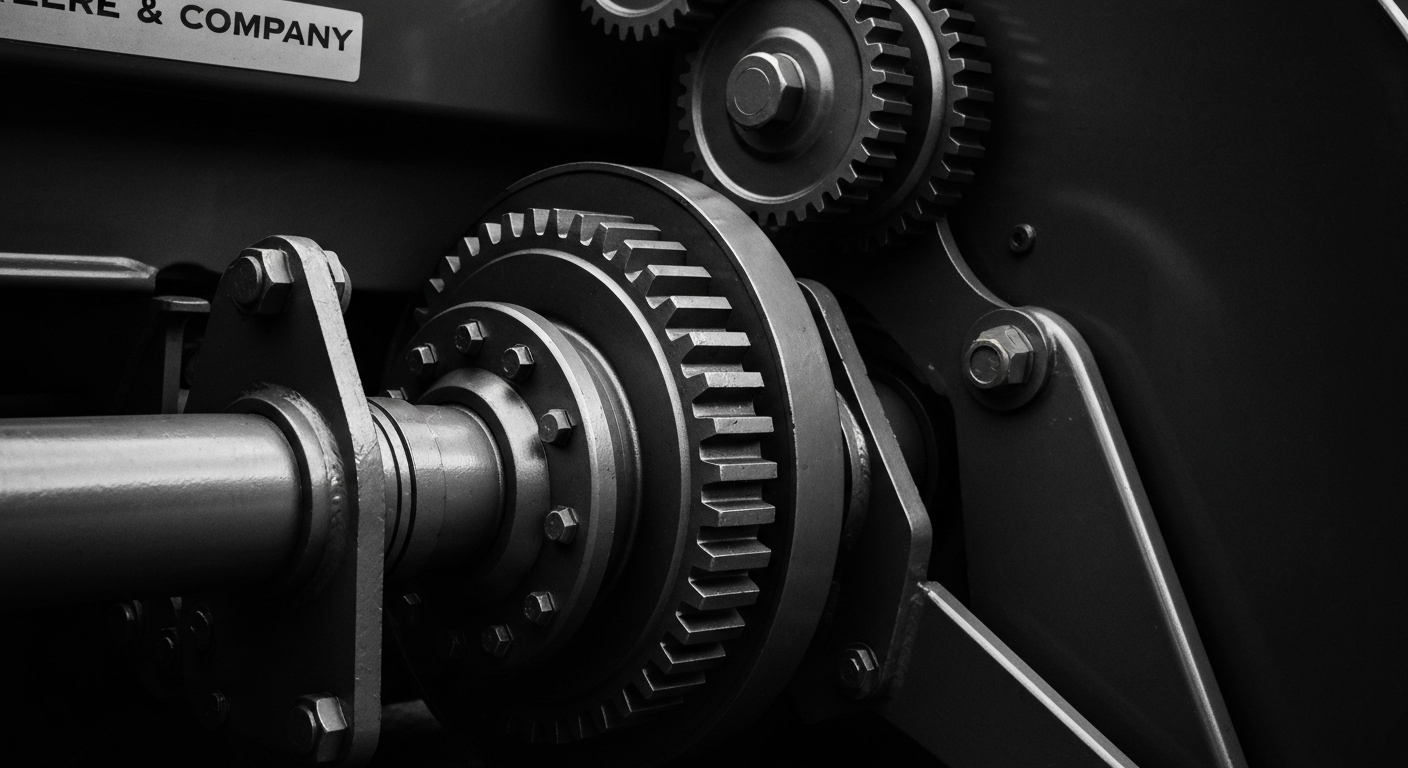 A high-contrast black and white close-up image of the intricate gears and mechanisms of a Deere & Company industrial tractor, conveying a sense of power, precision, and engineering expertise.
