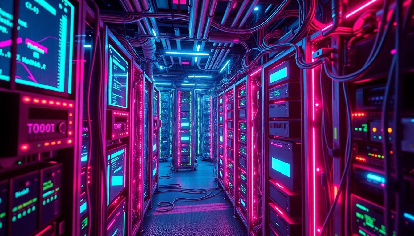 A highly detailed, glowing 3D illustration of a futuristic social media server infrastructure, with neon cyan and magenta lights illuminating the complex network of cables, circuits, and data storage devices, conceptually representing the technological challenges of regulating online platforms.