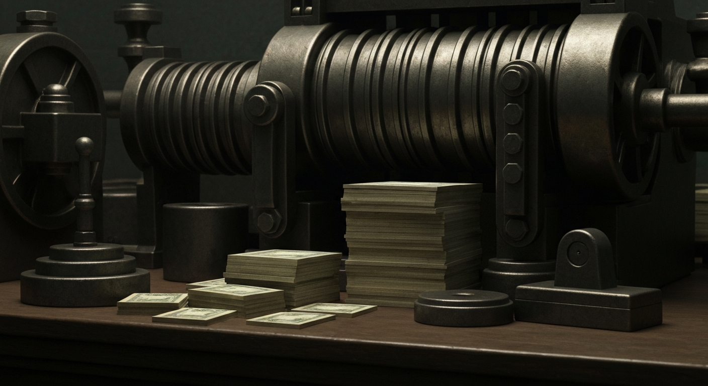 An extreme close-up of various metal and mechanical components of a bank's internal infrastructure, conveying a sense of the tangible, industrial nature of modern banking and finance.