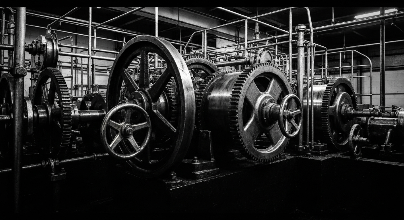 A high-contrast black and white close-up image of the complex gears, pipes, and machinery inside a Coca-Cola bottling plant, conveying the scale and industrial nature of the beverage giant's operations.