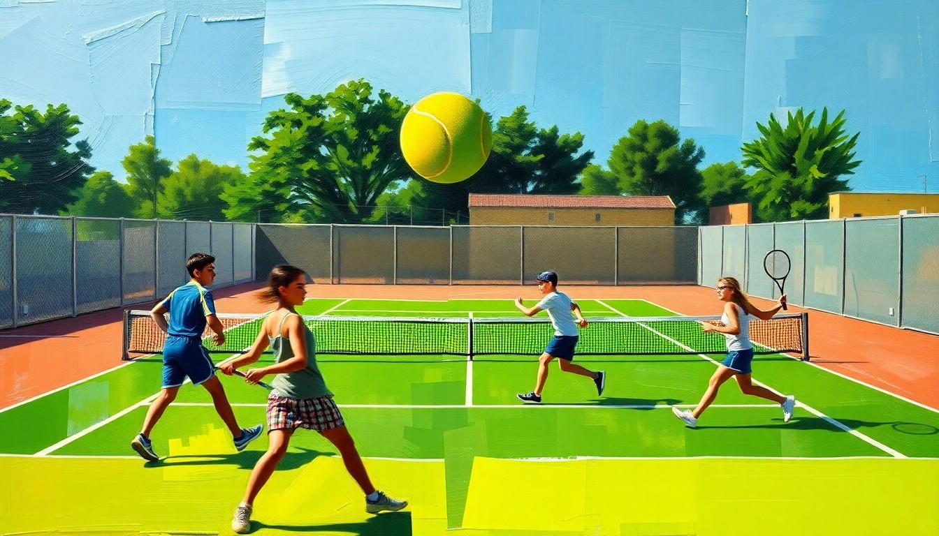 A fragmented, geometric painting depicting a high school tennis match, with overlapping planes of green courts, yellow balls, and blurred player movements, conveying the dynamic energy of the sport.
