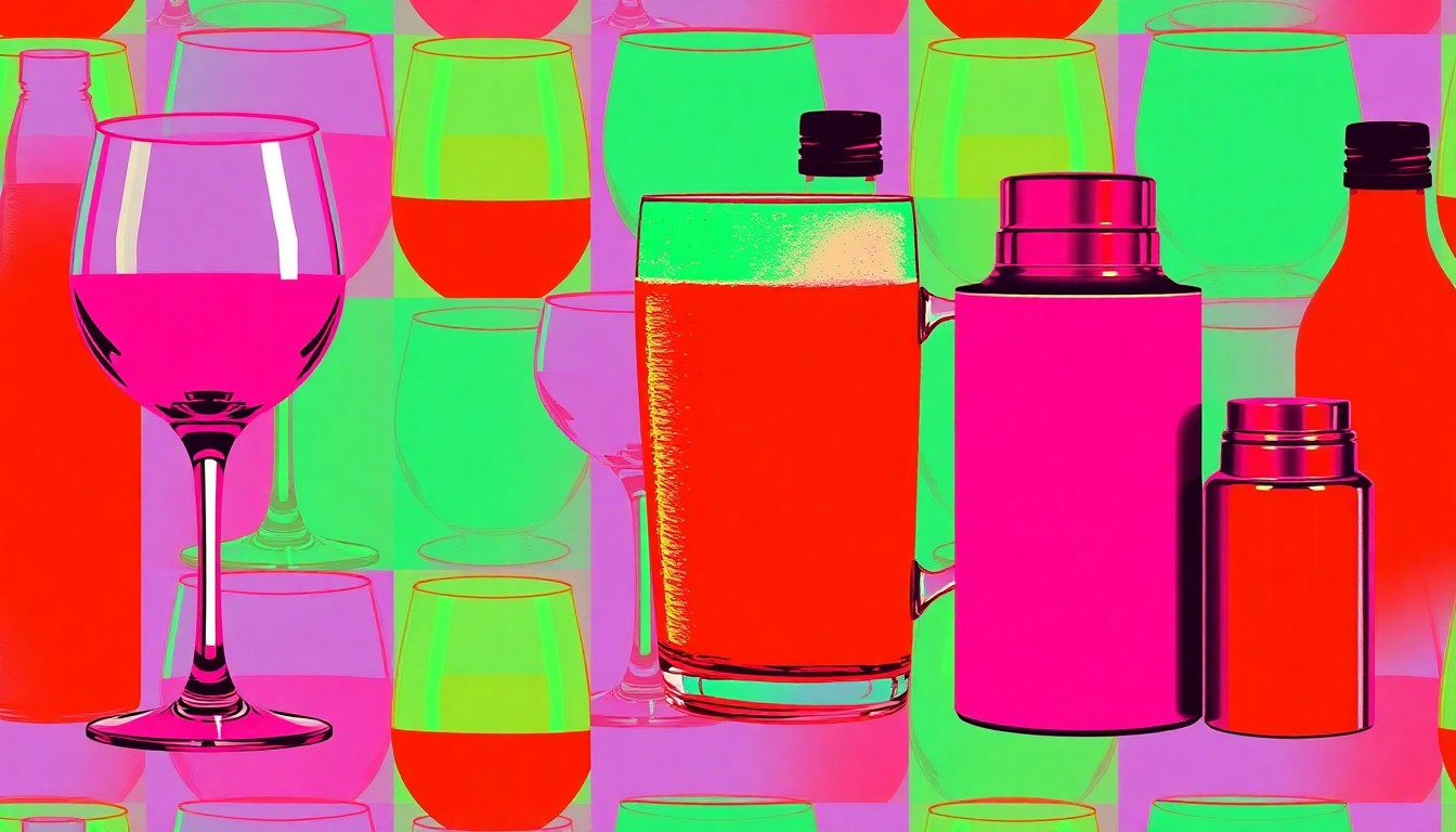 A vibrant, high-contrast silkscreen print featuring a repeating grid of stylized wine glasses, beer mugs, and cocktail shakers in neon pink, yellow, and blue, conceptually representing the tasting opportunities at the 'Sip! Buchanan' festival.