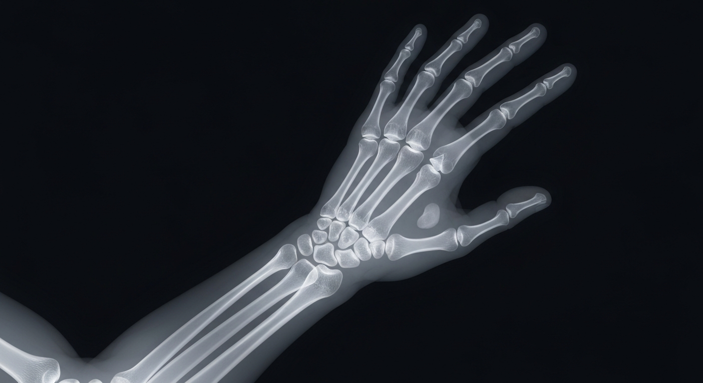 A ghostly, translucent X-ray image of an elderly person's hand, the bones and veins glowing softly against a dark background, conveying the fragility and resilience of the human body.