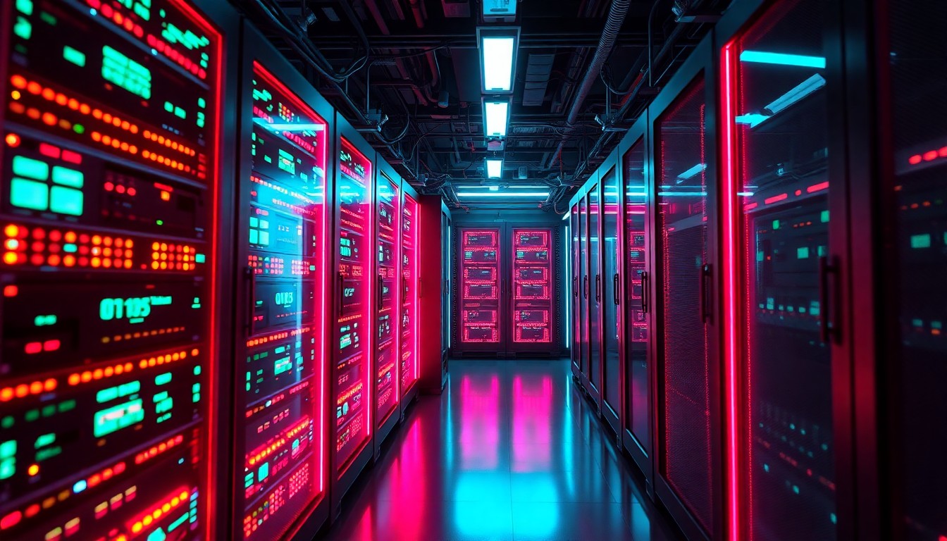 A highly detailed, 3D macro illustration of a glowing, neon-lit data center server rack, with pulsing cyan and magenta lights illuminating the complex hardware, conveying the scale and impact of modern digital infrastructure.