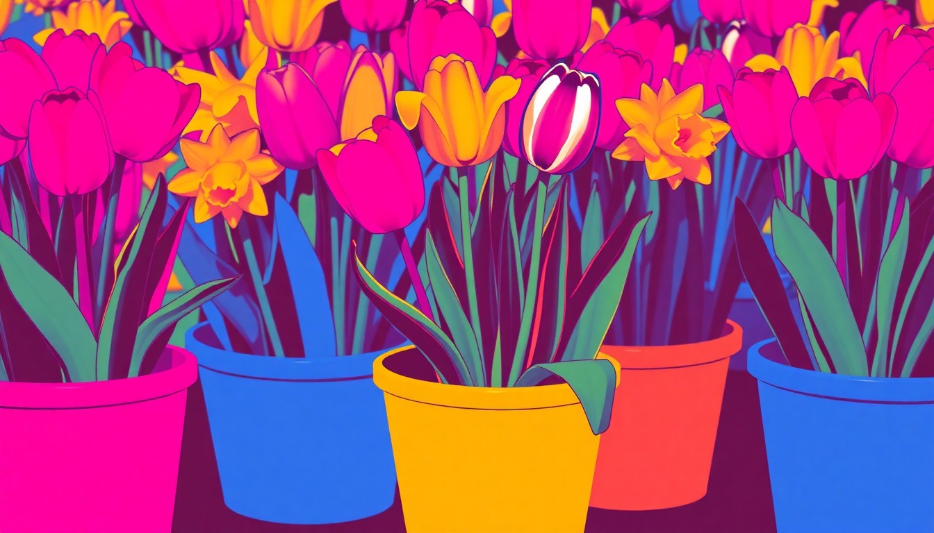 A high-contrast, silkscreen-style illustration of a potted spring flower, such as a tulip or daffodil, repeated in a grid pattern with bright, neon-like colors and heavy black outlines, conceptually representing the energy and variety of a community gardening festival.