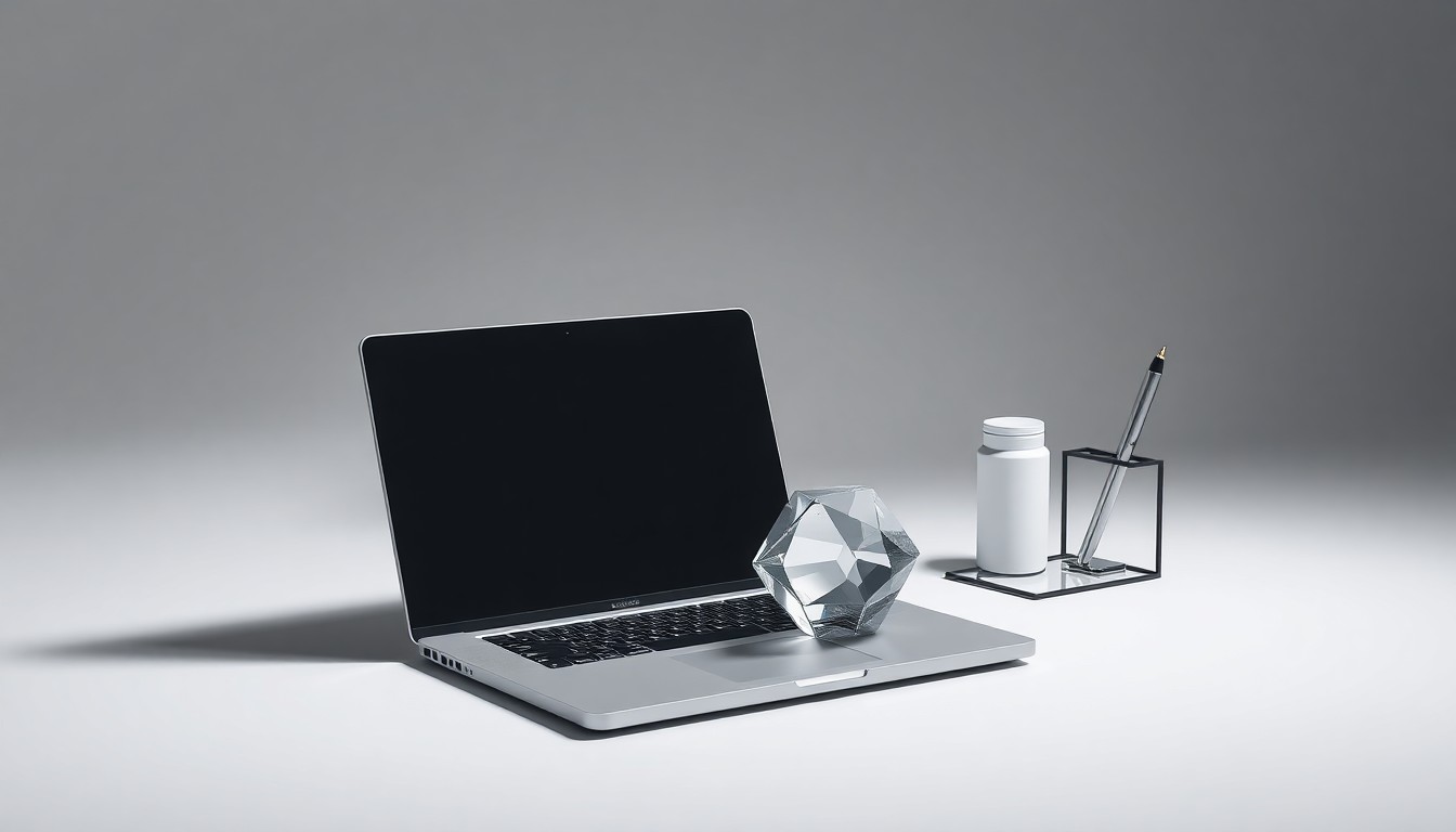 A high-end, photorealistic studio still-life photograph featuring a sleek, metallic laptop, a geometric glass paperweight, and a minimalist desk organizer in shades of grey, white, and black, conceptually representing the abstract concepts of corporate strategy, finance, and data analytics.