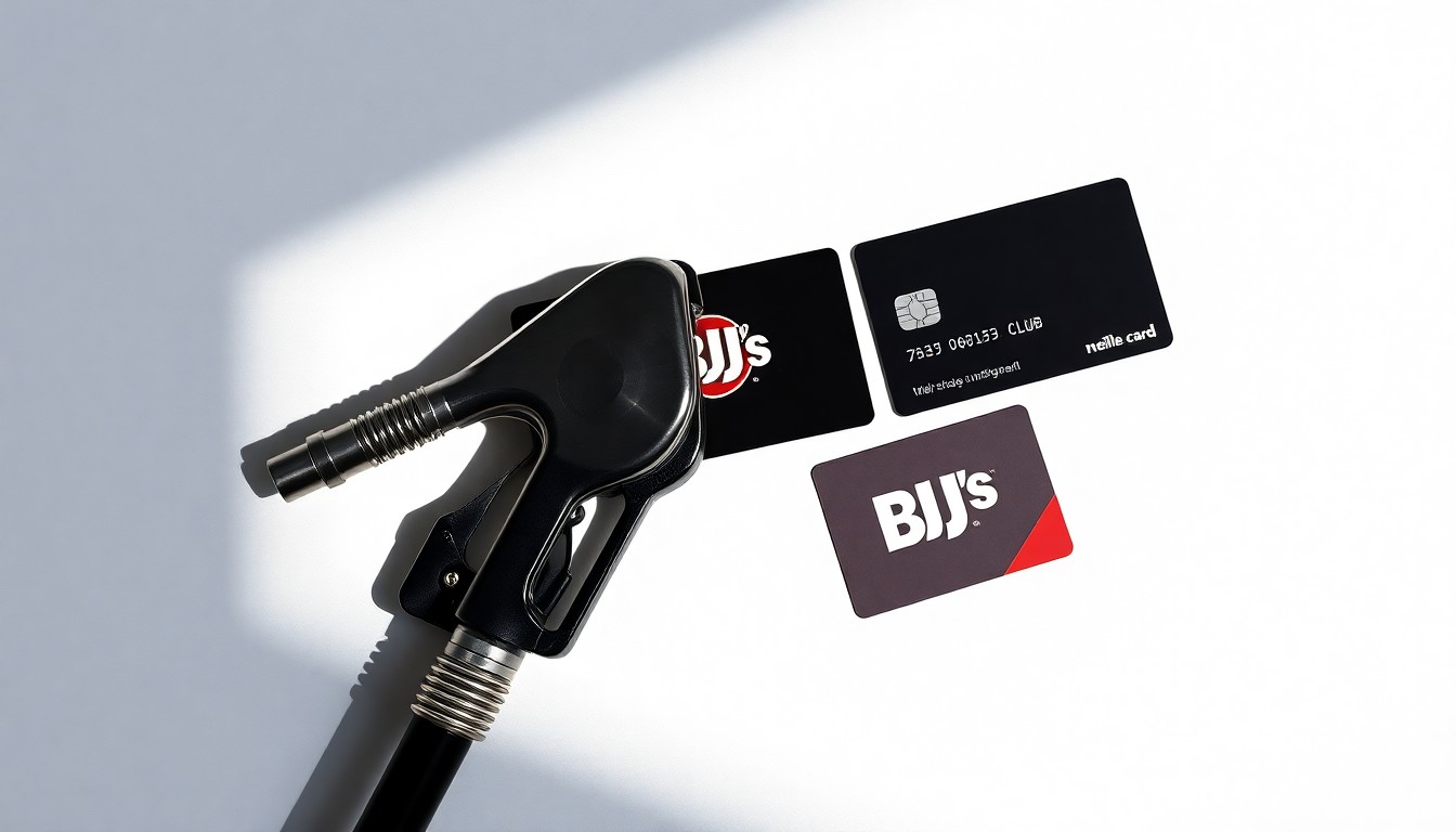 A minimalist studio still life photograph featuring a polished metal gas pump nozzle, a sleek black credit card, and a BJ's Wholesale Club membership card arranged elegantly on a clean, white background, conveying the convenience and savings of BJ's gas stations.