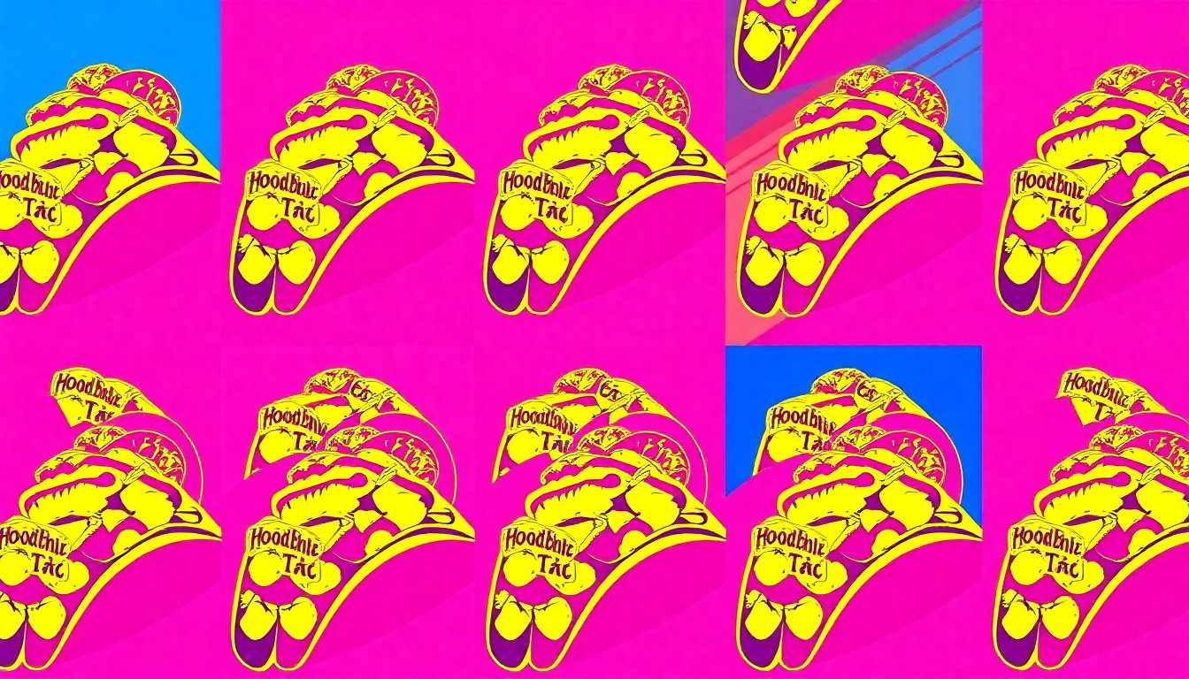 A vibrant, high-contrast silkscreen print featuring a repeated image of a Hoodbachi Taco dish, rendered in a bold, pop art style with overlapping neon colors and heavy black outlines, capturing the restaurant's unique fusion of flavors and its commitment to revitalizing the local community.