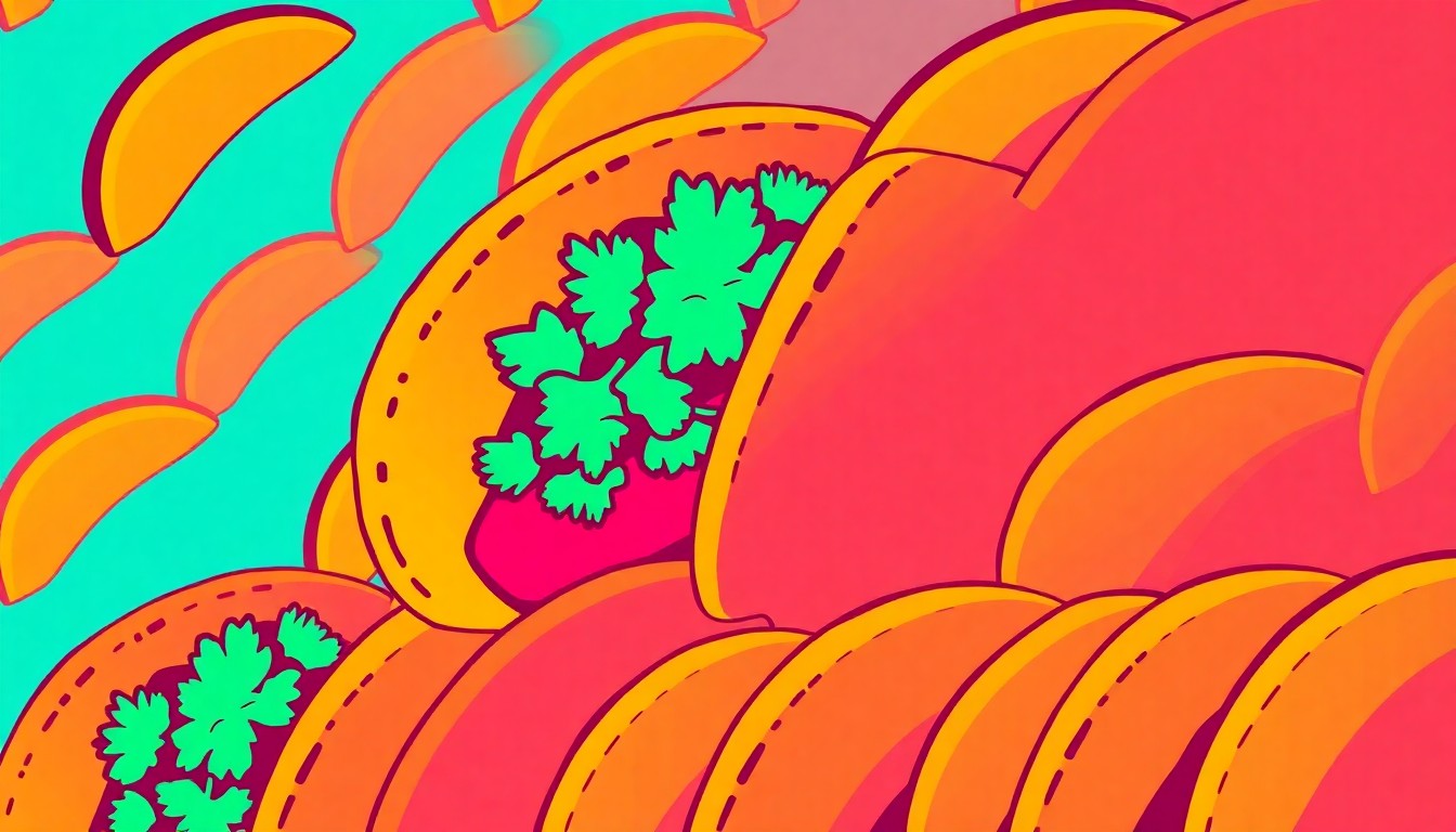 A high-contrast, silkscreen-style illustration of a single, iconic taco ingredient like a lime wedge or tortilla, repeated in a grid pattern with bold, neon-inspired colors and heavy black outlines, conceptually representing the vibrant and celebratory atmosphere of the Taco Wars festival.