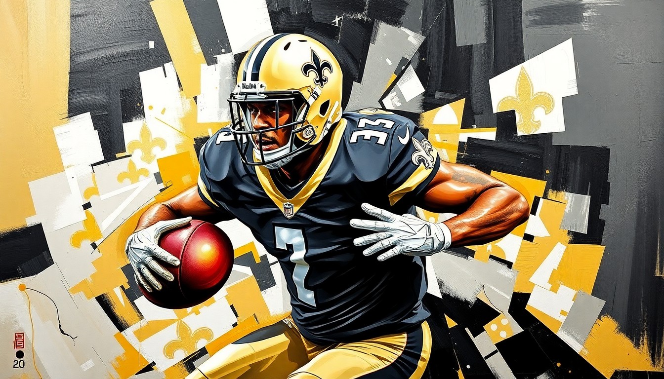 A cubist-style painting depicting a New Orleans Saints football player in action, with the player's body and movements broken down into sharp, overlapping geometric shapes and planes in the team's official colors of black, gold, and white.