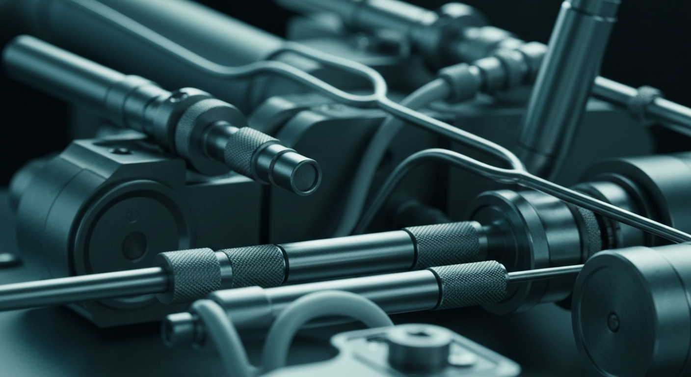 A highly detailed, macro-level view of the intricate mechanical components and precision engineering of a medical device, conveying a sense of the advanced technology behind Johnson & Johnson's healthcare innovations.