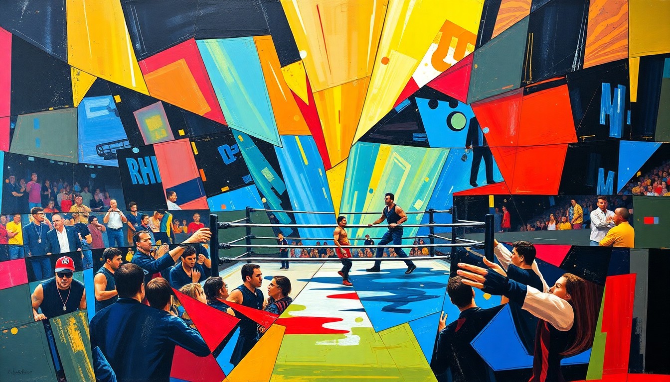 A cubist, geometric painting depicting a chaotic professional wrestling match, with sharp, overlapping planes of color representing the fragmented emotions and disruption caused by WWE's decision to pull the event from New Orleans.