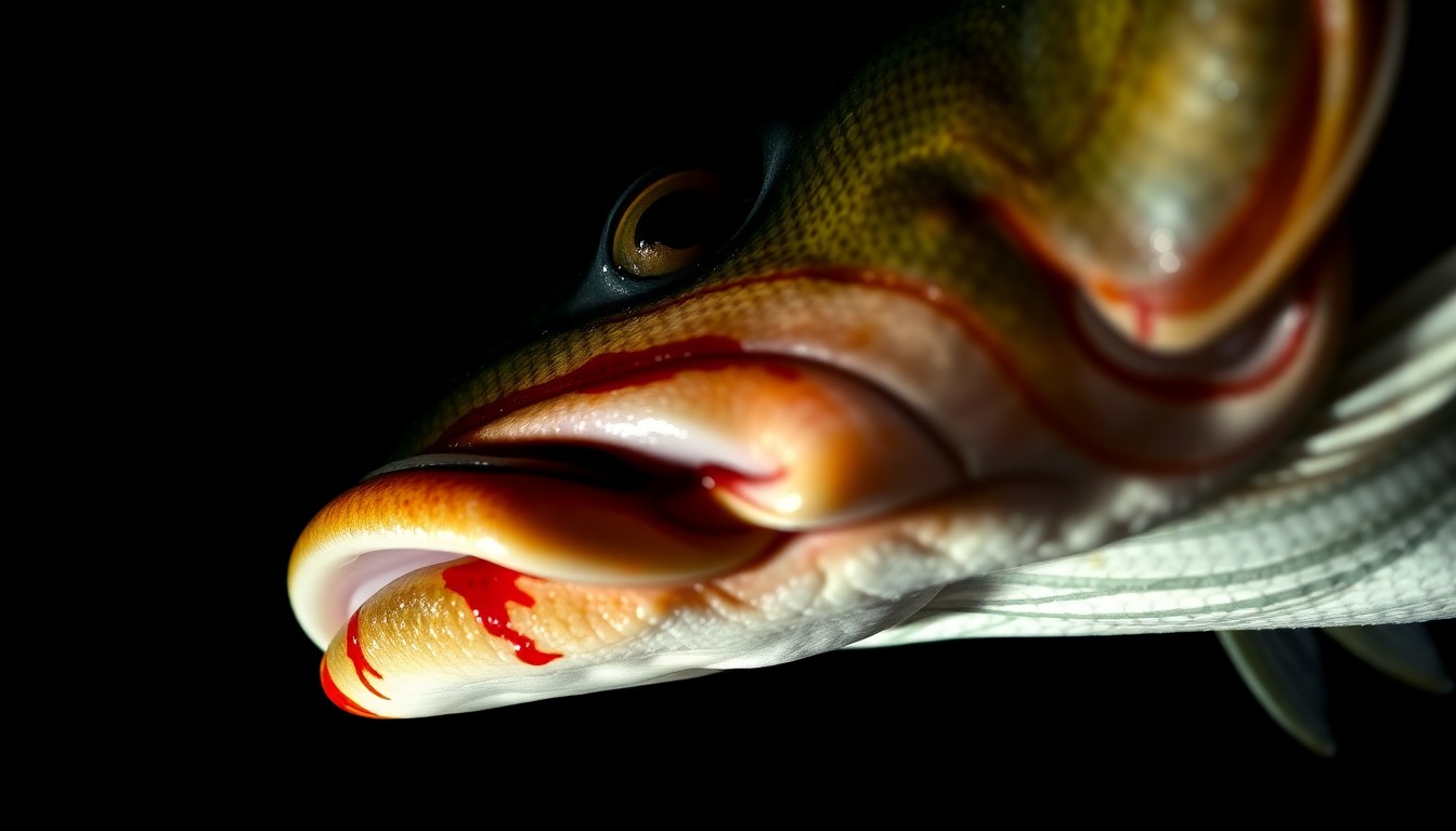 An extreme close-up photograph of a bass fish's tail, with distinct bloody markings, lit by a harsh, direct camera flash against a pitch-black background, conceptually illustrating evidence of a fraudulent fishing claim.
