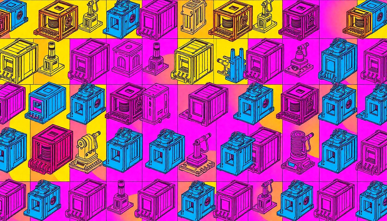 A brightly colored, high-contrast silkscreen print of a 3D-printed engineering model repeated in a tight grid pattern, utilizing flat, vibrant, and unnatural neon color palettes overlapping with heavy black photographic outlines to turn an everyday engineering object into modern pop art.