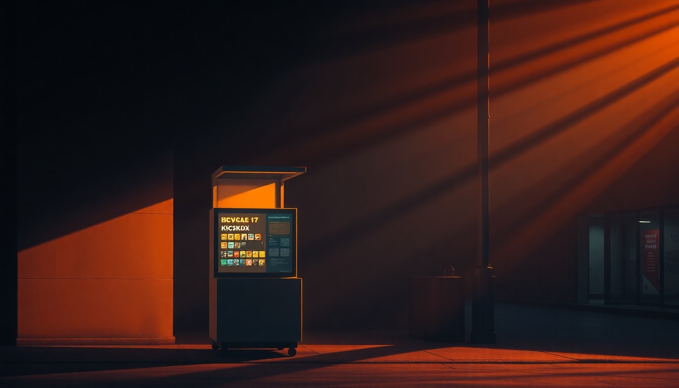 A dimly lit urban scene with a solitary cryptocurrency kiosk bathed in warm, diagonal sunlight and deep shadows, conveying a sense of quiet unease and the need for greater consumer protections.