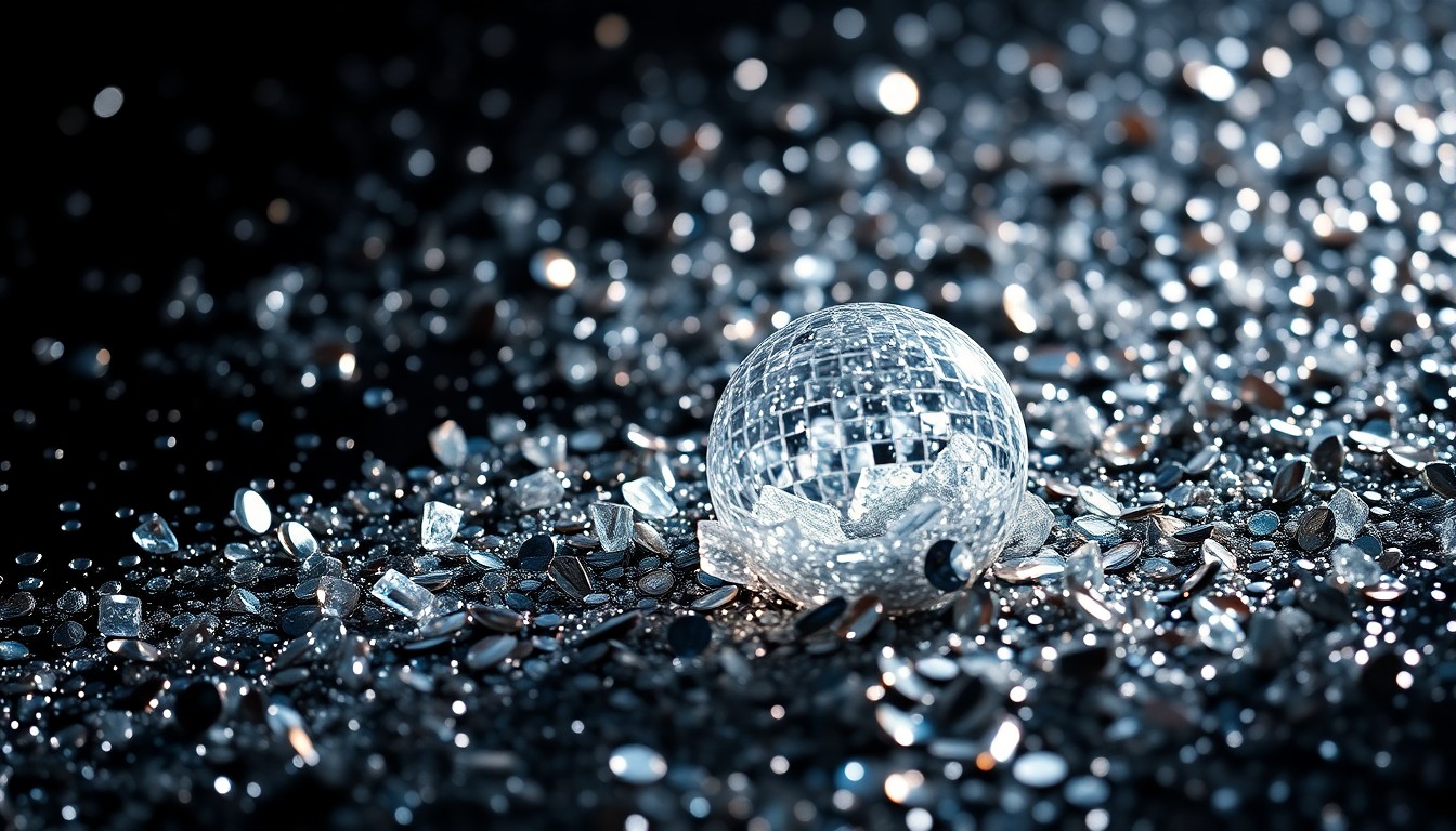 An abstract close-up photograph of shimmering sequins and shattered glass, capturing the high-fashion glamour and celebrity culture surrounding the relationship between Taylor Swift and Travis Kelce.