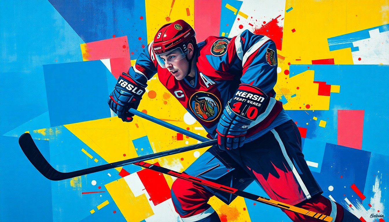 A cubist, geometric painting depicting a hockey defenseman in motion, with their movements and positioning broken down into sharp, overlapping planes of vibrant blue, red, and yellow colors.