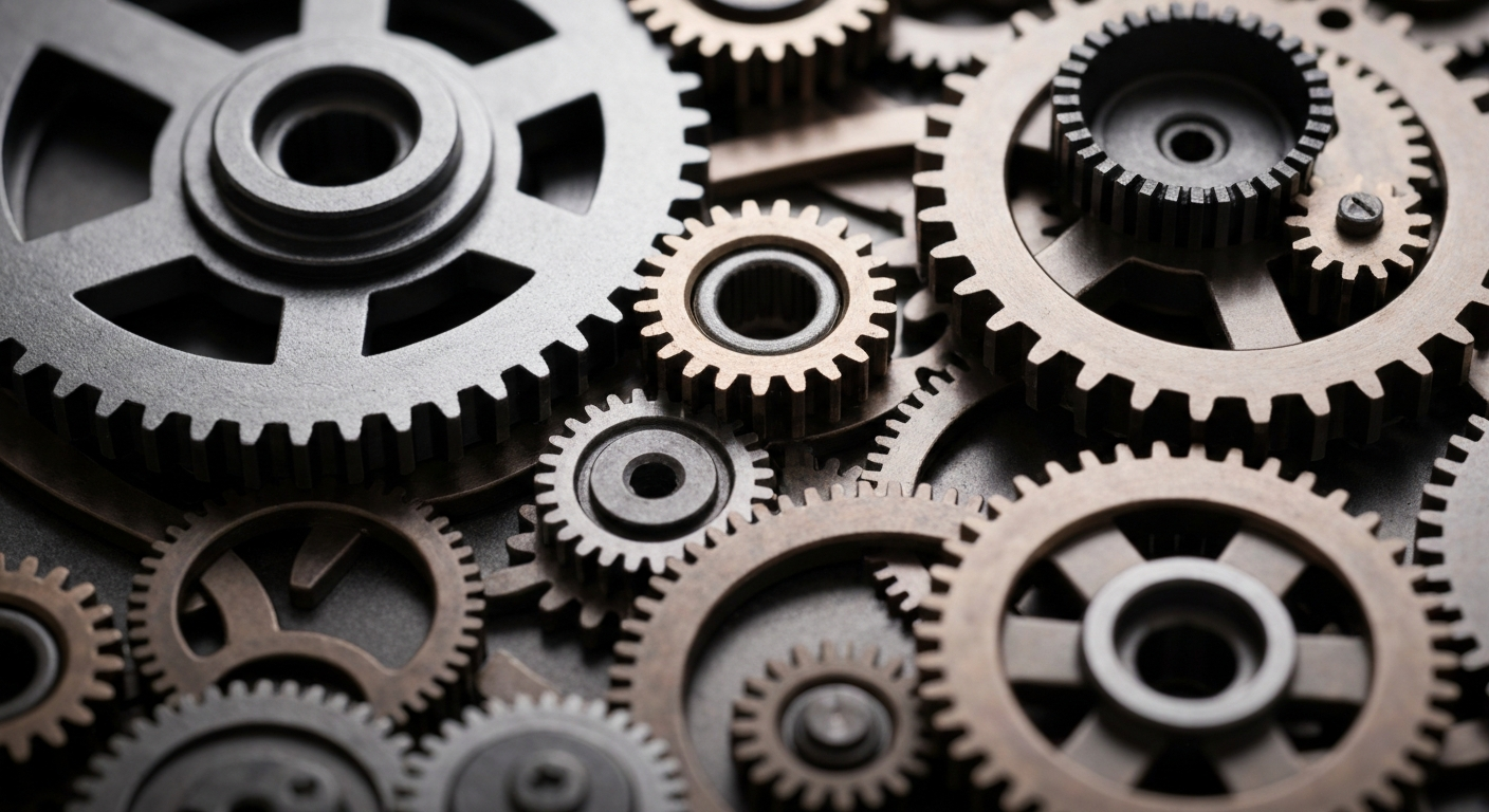 An extreme close-up of heavy, industrial-looking mechanical components and gears in shades of steel gray, bronze, and black, conceptually representing the intricate financial infrastructure and operations of a biotech company.