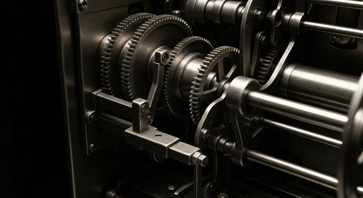 An extreme close-up photograph of the inner workings of a large industrial banking machine, with intricate gears, levers, and mechanical components dramatically lit against a dark background, conceptually representing the institutional forces and infrastructure underlying financial markets.