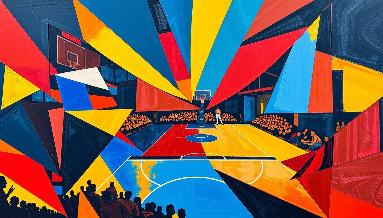 A cubist-style painting featuring fragmented, overlapping geometric shapes in shades of blue, red, and yellow, conceptually representing the strategic and intense nature of a basketball game or match.