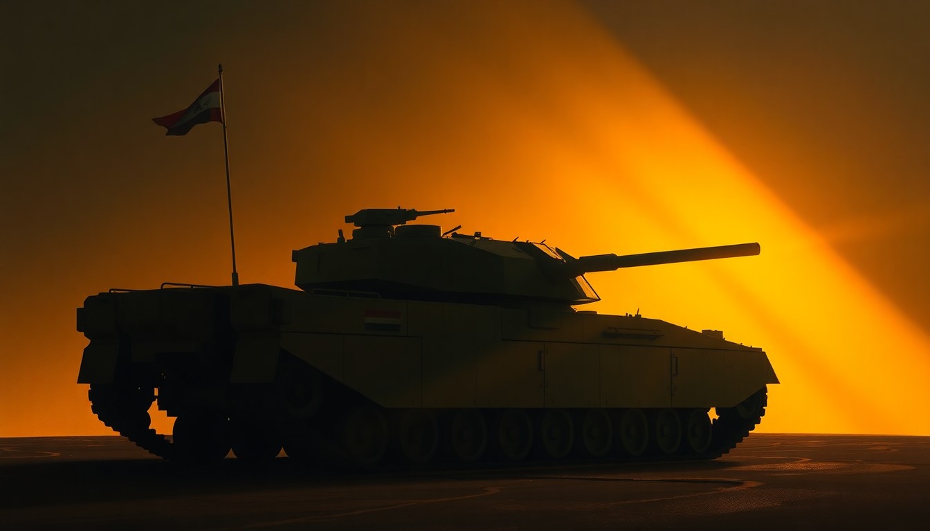 A photorealistic painting in the style of Edward Hopper, depicting a lone military tank or armored vehicle casting long shadows as it moves through a sun-dappled urban street, conceptually representing the fall of Baghdad during the 2003 Iraq invasion.