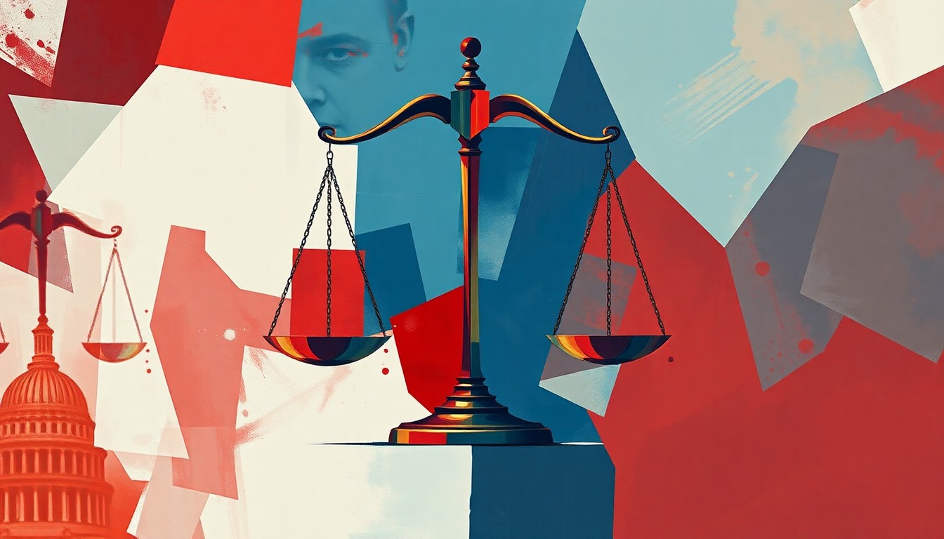 A dynamic, fragmented painting in red, white, and blue hues depicting the scales of justice, symbolizing the tension between the executive and judicial branches as the Trump administration leverages the Supreme Court's immunity ruling to expand presidential authority.