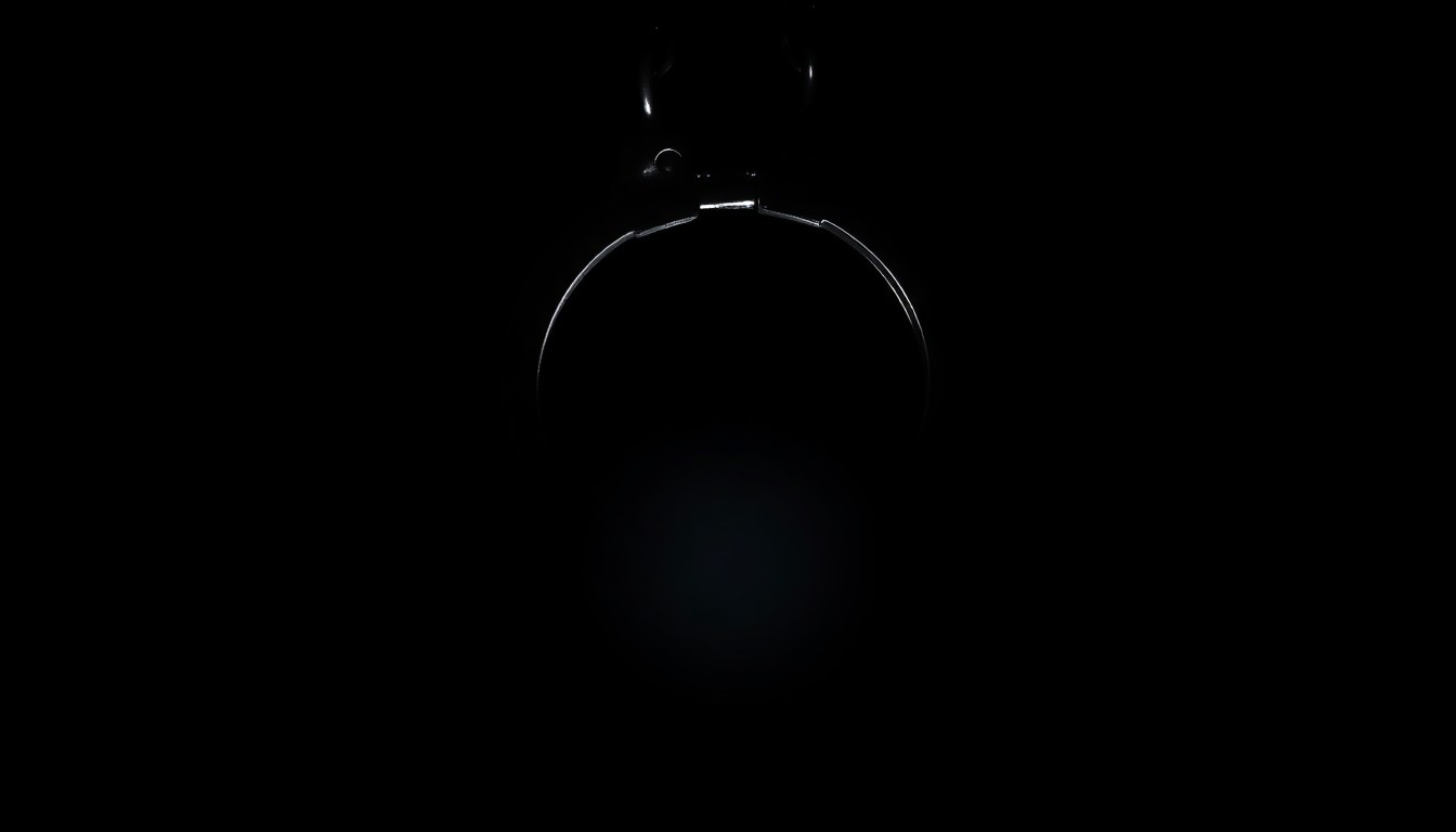 An extreme close-up of a pair of metal handcuffs against a stark black background, the harsh flash creating dramatic shadows and highlights that convey a sense of investigation and urgency around this crime.