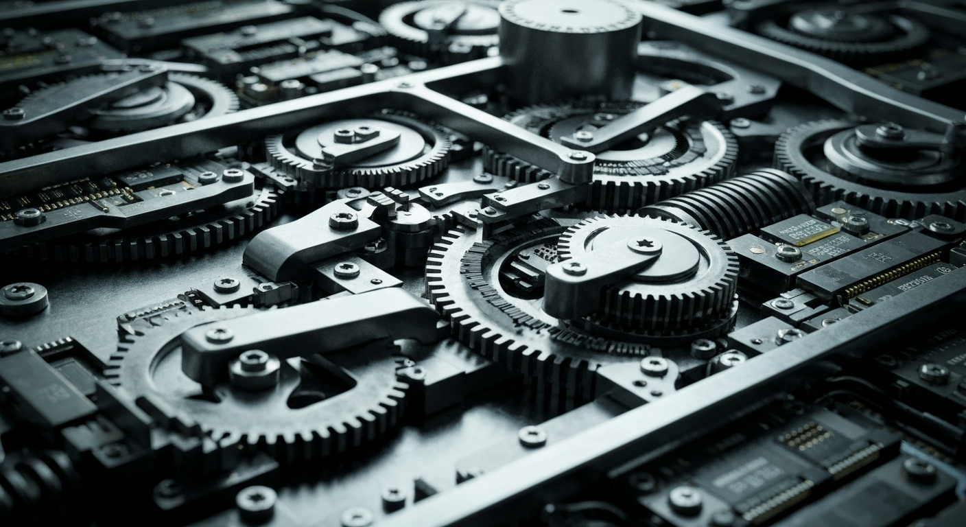 An extreme close-up of a complex, interlocking mechanism of gears, levers, and electronic components, conceptually representing the inner workings of a modern financial system.