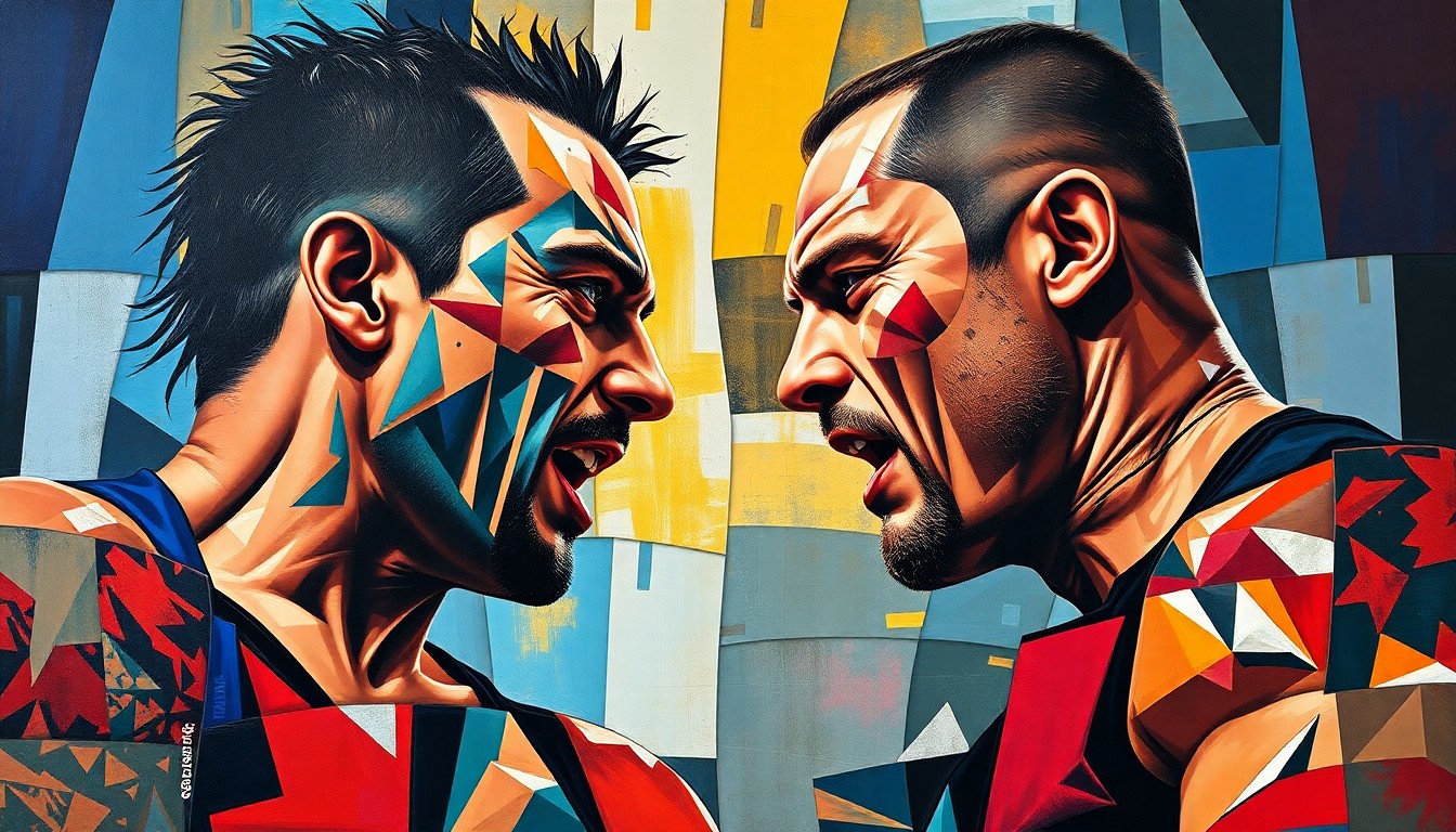 A fractured, geometric painting in the style of Pablo Picasso, depicting the silhouettes of two wrestlers engaged in an intense match, their figures broken down into sharp, overlapping planes of color and form.