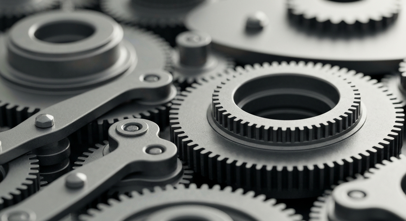An extreme close-up of a complex array of metal gears, levers, and machinery in muted tones, conceptually representing the intricate financial infrastructure supporting a biotechnology company's operations.