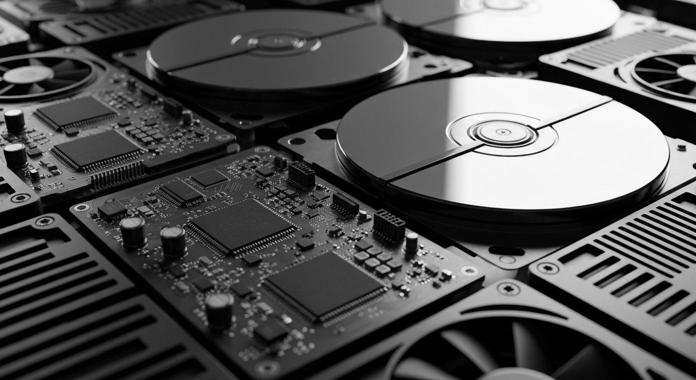 An extreme close-up of various data storage hardware components, such as circuit boards and disk platters, rendered in a high-contrast, industrial style that conveys the complex, mechanical nature of data storage technology without using any text or branding.
