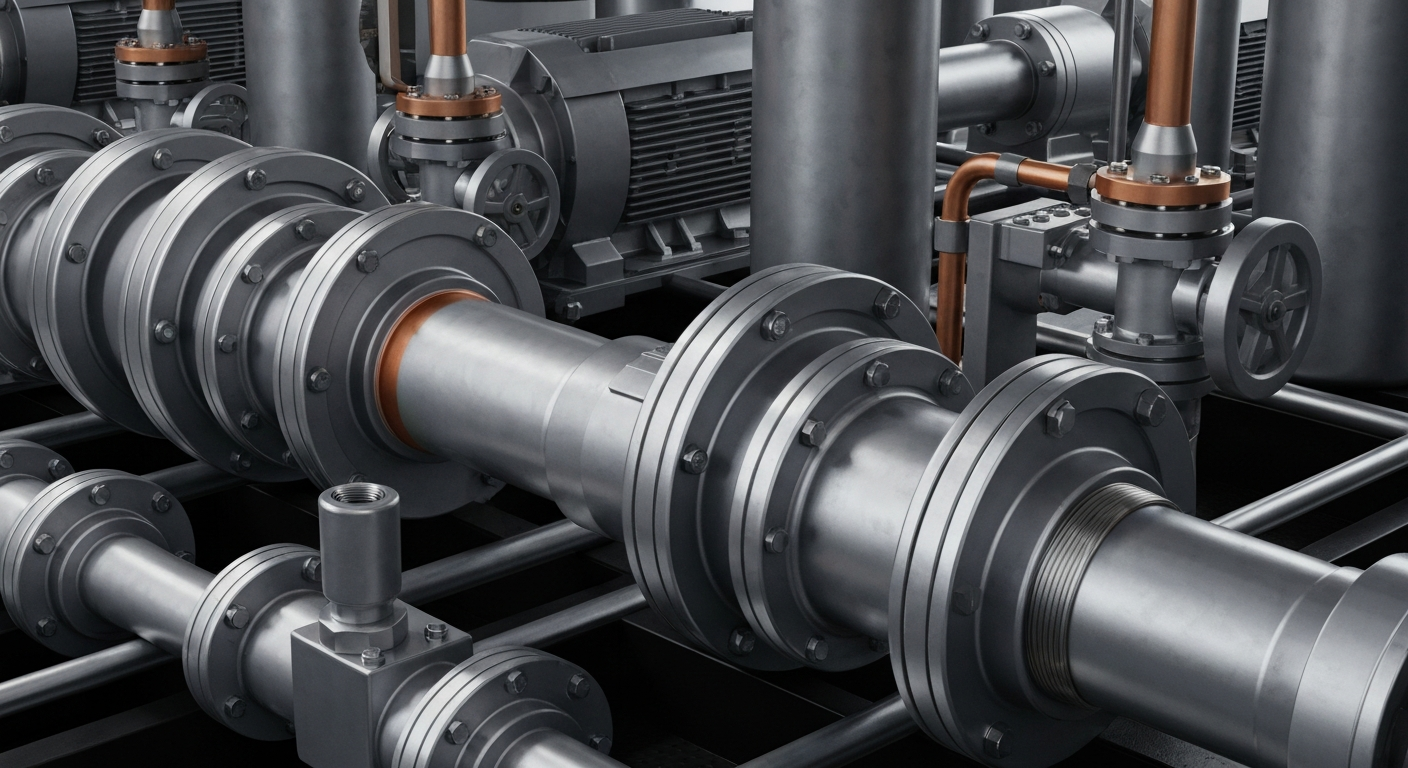 An extreme close-up of heavy, metallic water pumps and valves in shades of gray, copper, and chrome, conveying a sense of industrial power and technological sophistication.