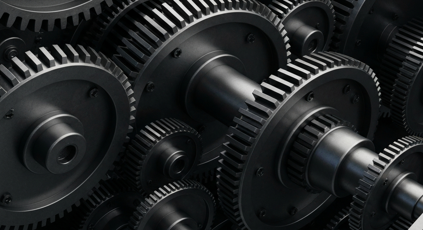 A highly detailed, black-and-white close-up photograph of the inner workings of a financial institution, capturing the intricate mechanisms and industrial nature of modern investing.