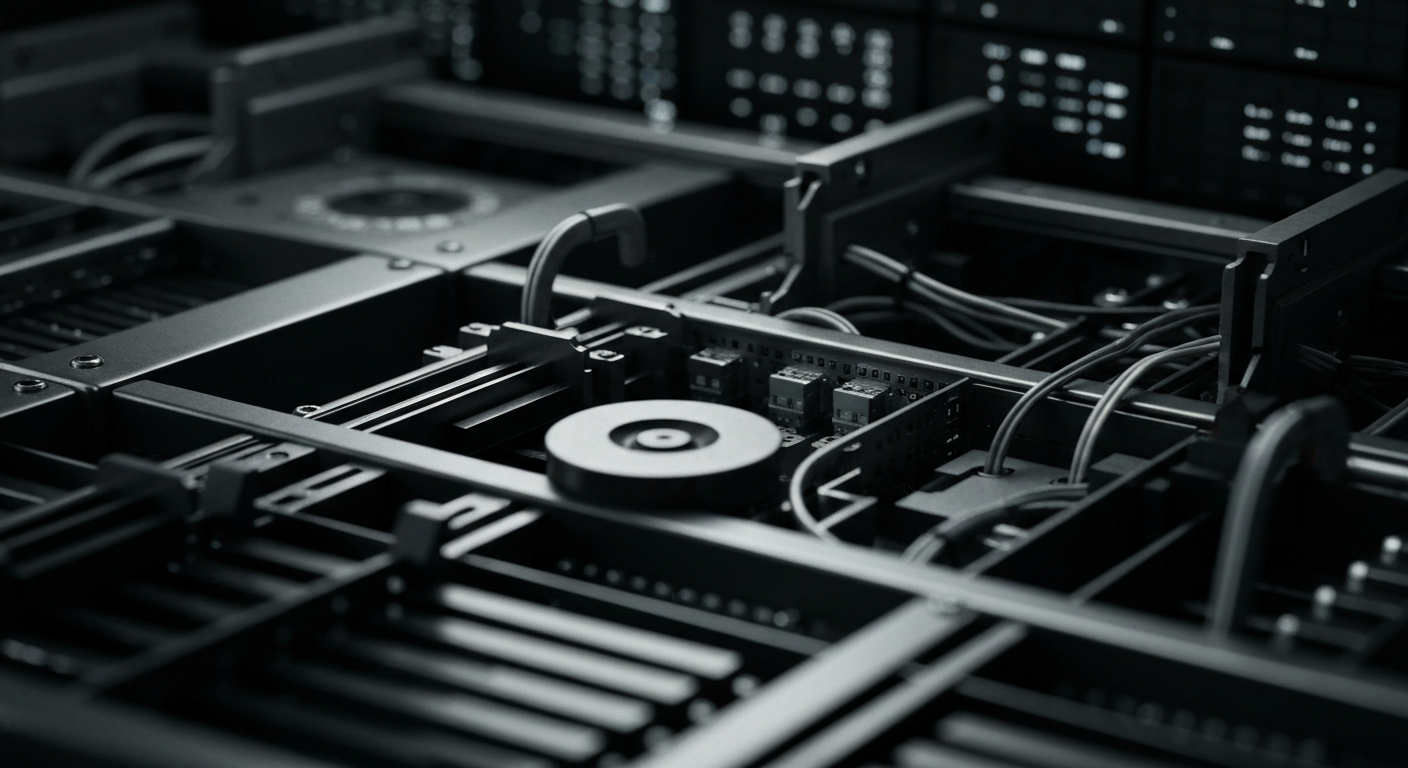 An extreme close-up of the intricate gears, circuits, and mechanical components that make up the backend of a modern online trading platform, rendered in a high-contrast, industrial style that conveys the complexity of the financial technology powering retail investment apps.