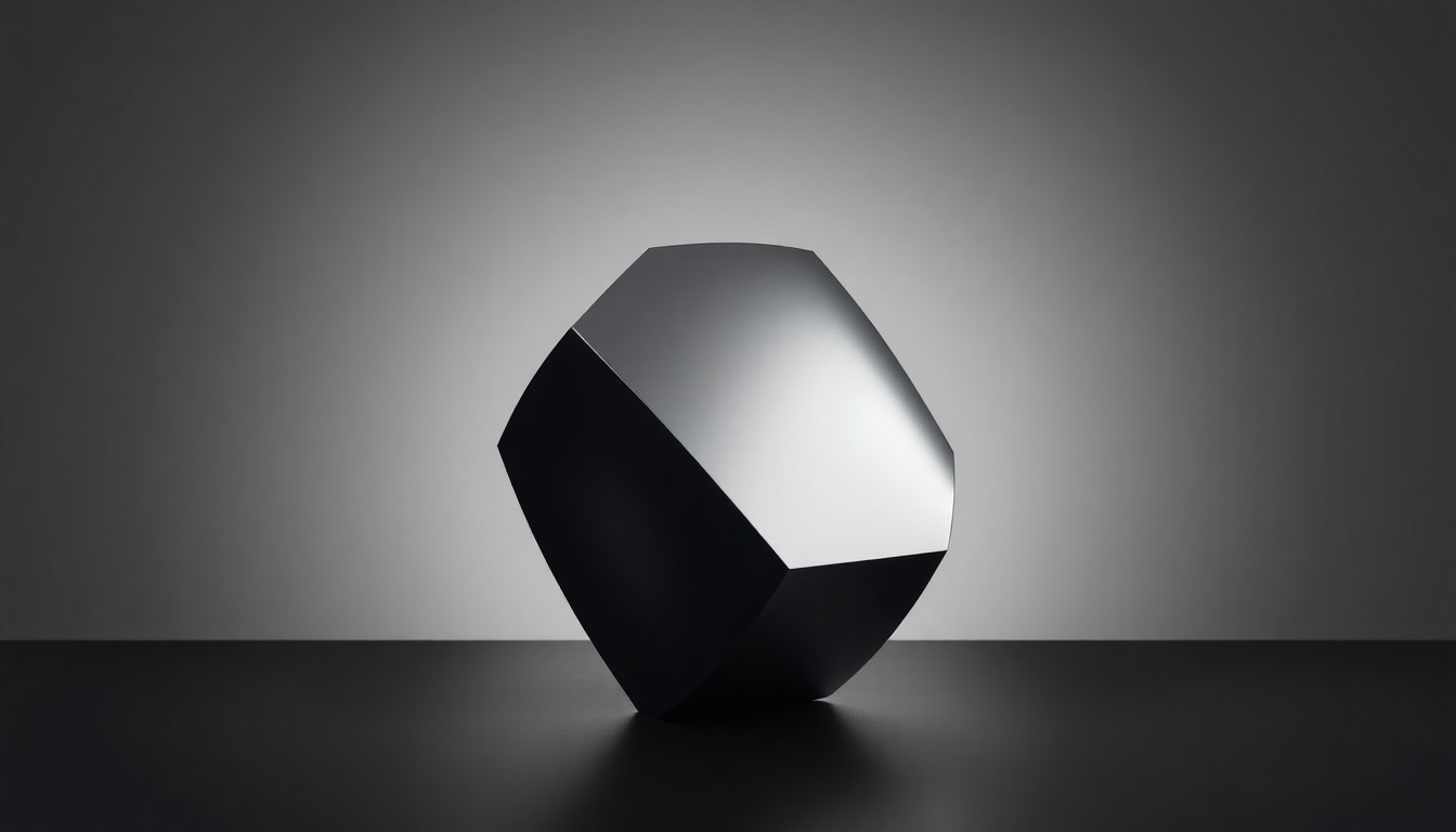 A close-up photograph of a highly polished, geometric metal construction tool or equipment part, dramatically lit from the side to create deep shadows and highlights that abstractly represent the core business of United Rentals.