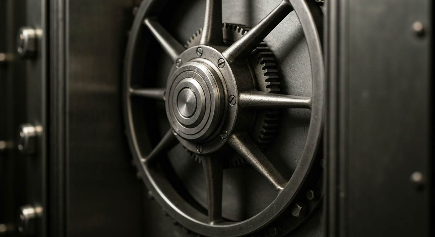 A highly detailed, black-and-white close-up image of the inner workings of an industrial banking vault, with gears, levers, and other mechanical components filling the frame and creating a sense of power and security.