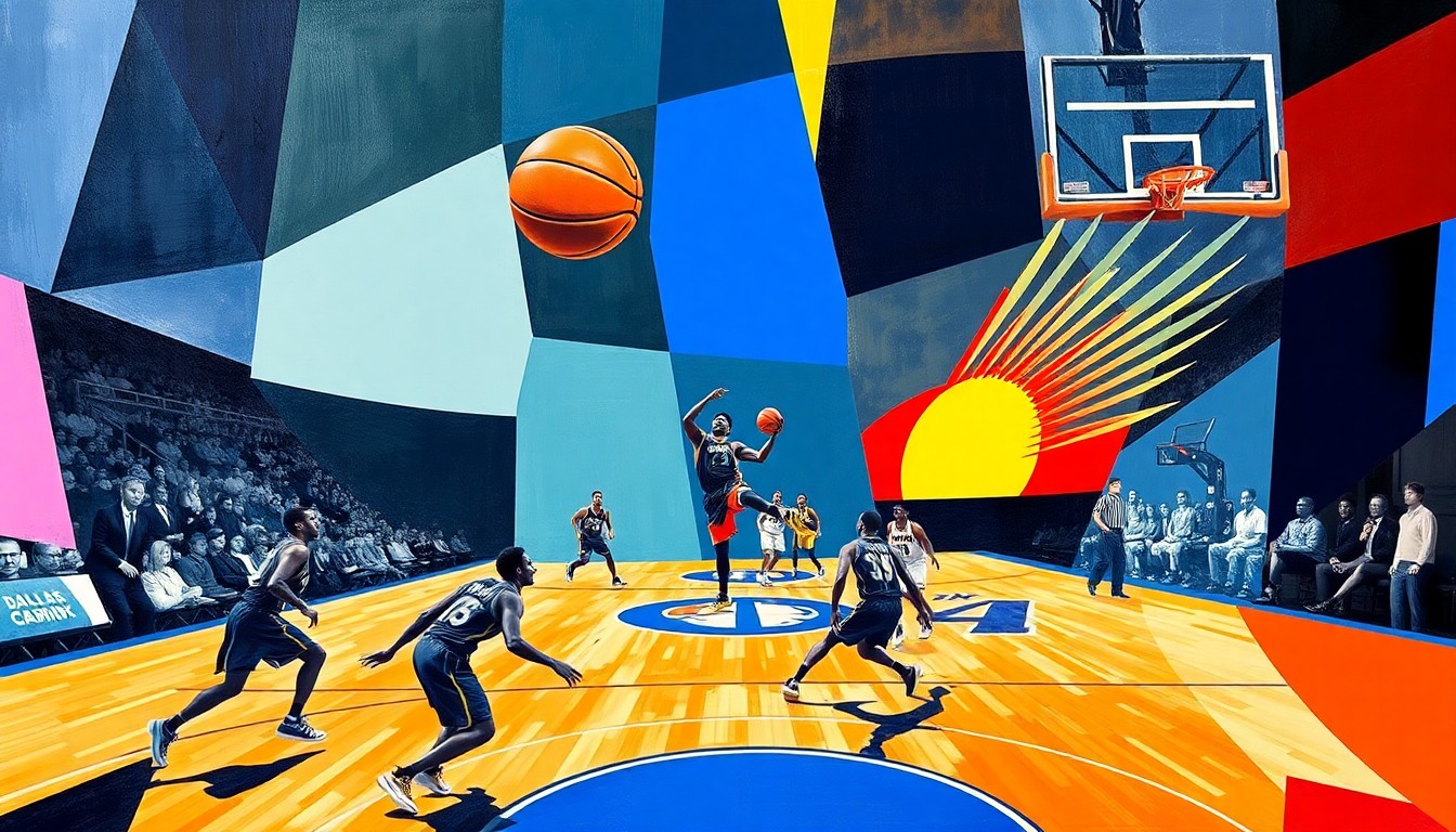 A fractured, cubist-style painting depicting the dynamic movements and energy of a basketball game, with players and the ball represented through bold, angular shapes and planes of color.