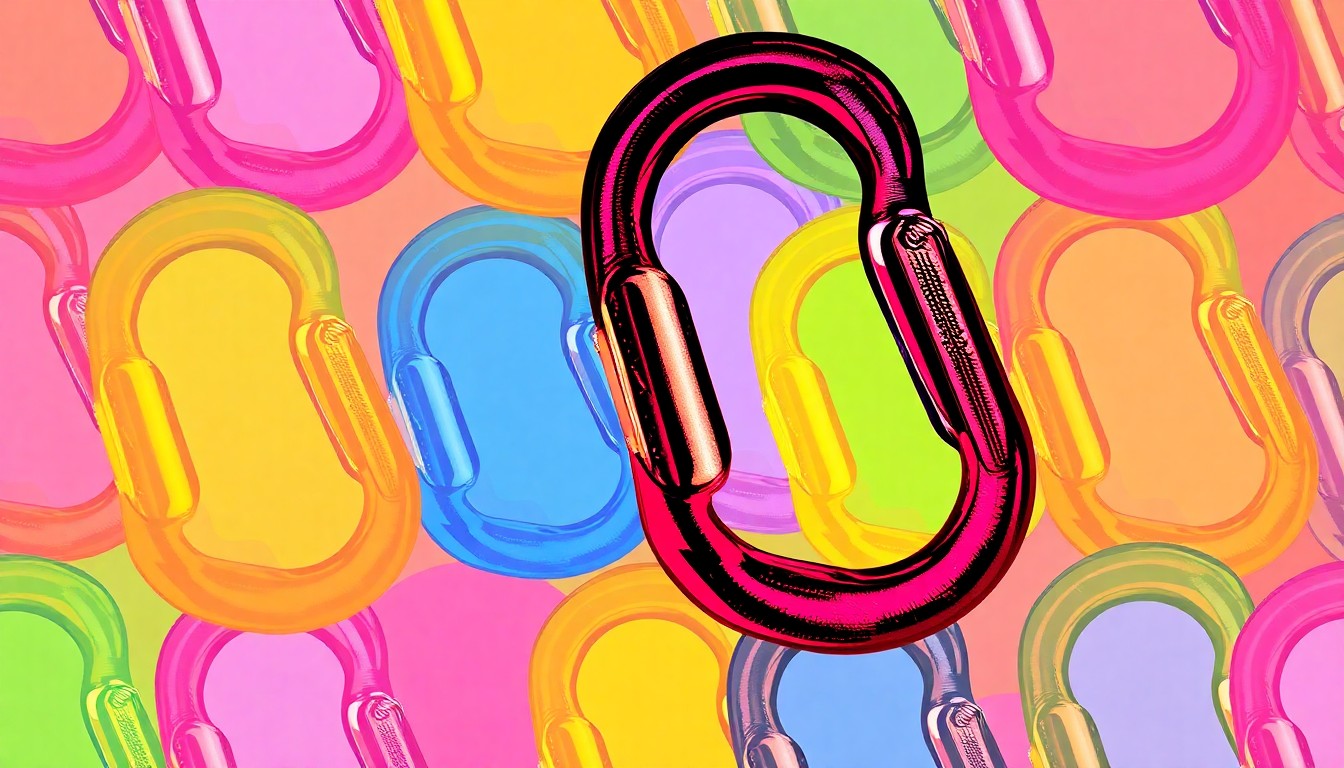 A brightly colored, high-contrast silkscreen print of a climbing carabiner or ice axe repeated in a tight grid pattern, capturing the iconic imagery of mountaineering in a bold, abstract style.