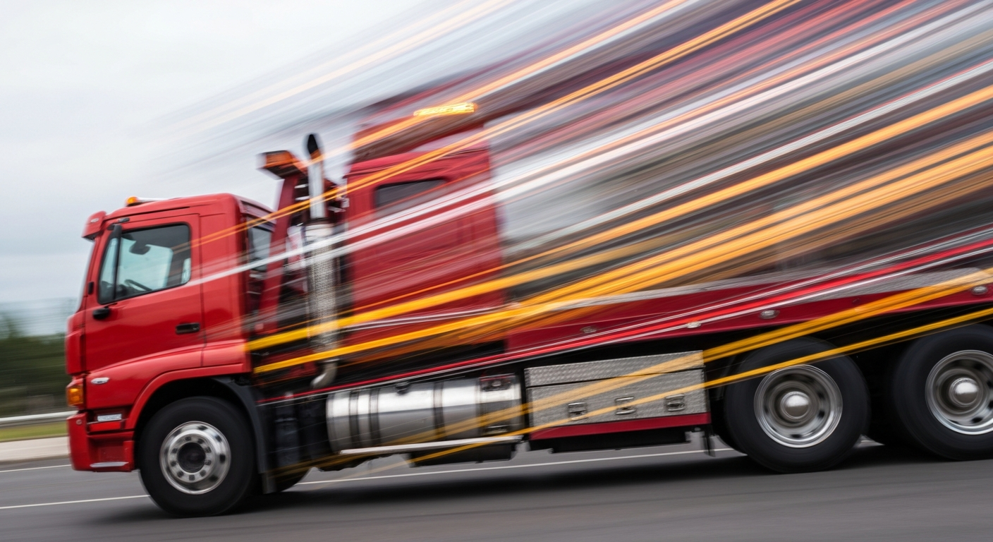An abstract, colorful image of a tow truck in motion, with the vehicle transformed into sweeping brushstrokes of vibrant hues, conveying a sense of speed and modern transportation.