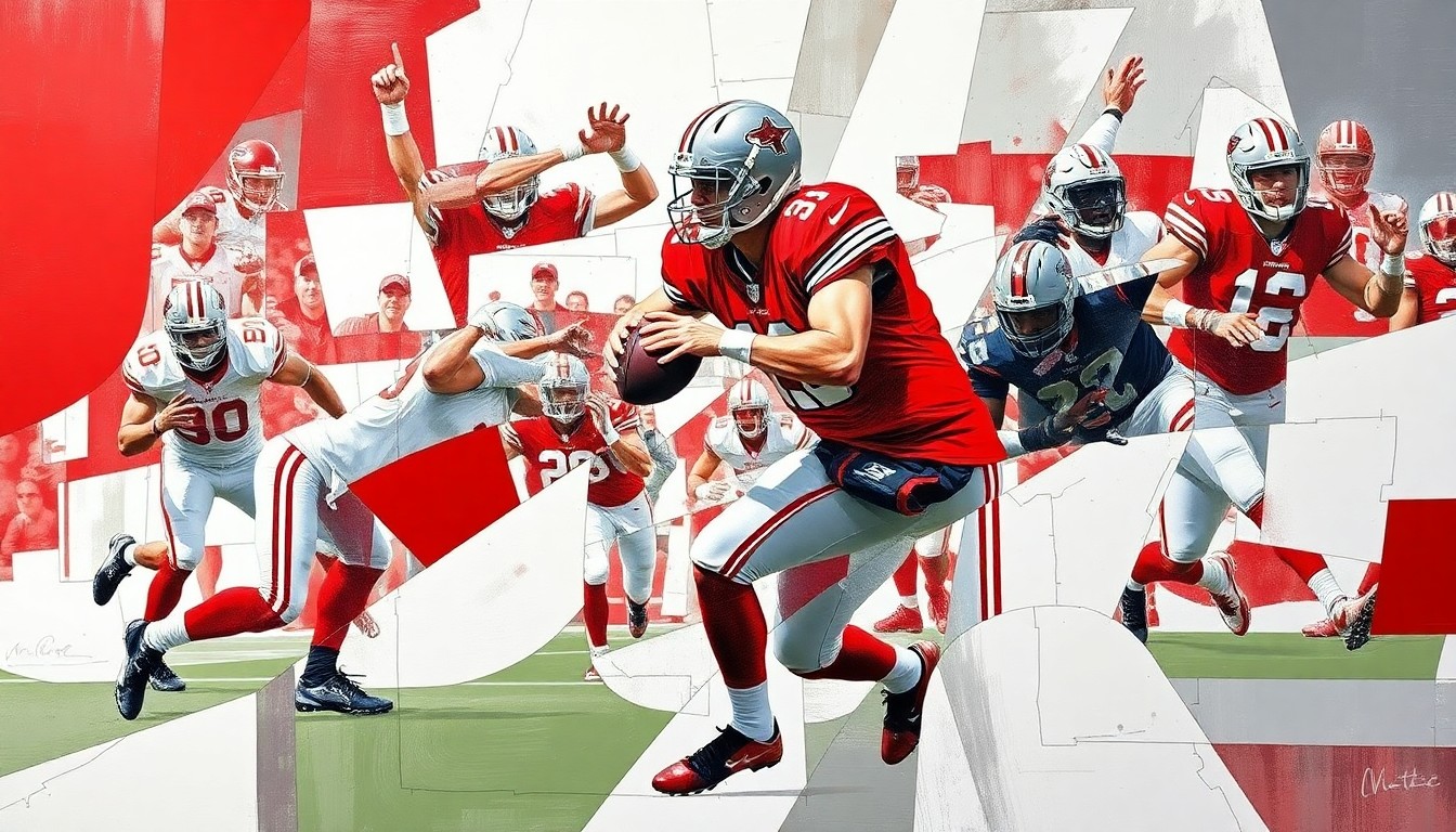 A fragmented, geometric painting depicting the silhouette of a quarterback in motion, with sharp planes of red, gray, and white overlapping to create a dynamic, abstract composition.