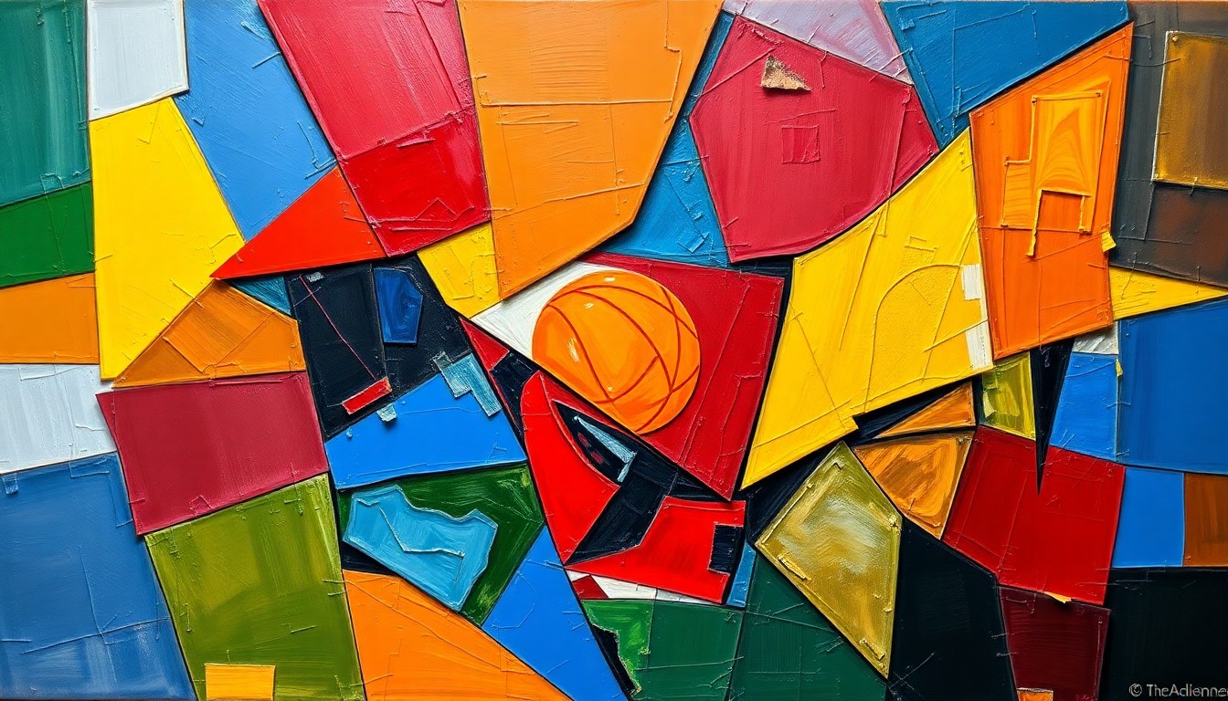 A cubist, geometric painting depicting fragmented scenes of various sports competitions, with overlapping shapes and planes in vibrant colors representing the teams mentioned in the story.
