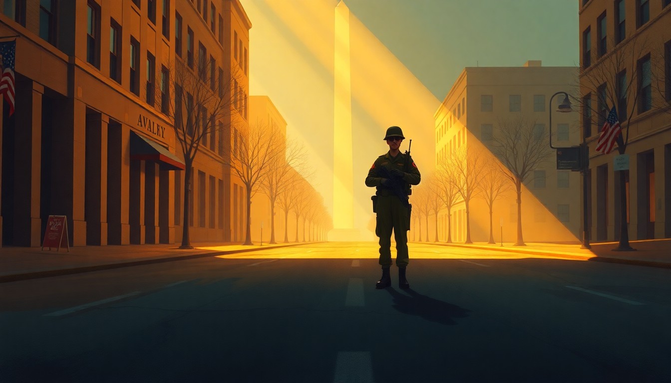 A serene, cinematic painting depicting a lone National Guard soldier standing guard on an empty Washington, D.C. street, the scene bathed in warm, golden light and deep shadows, conveying a sense of tension and uncertainty over the federal government's control of the district.