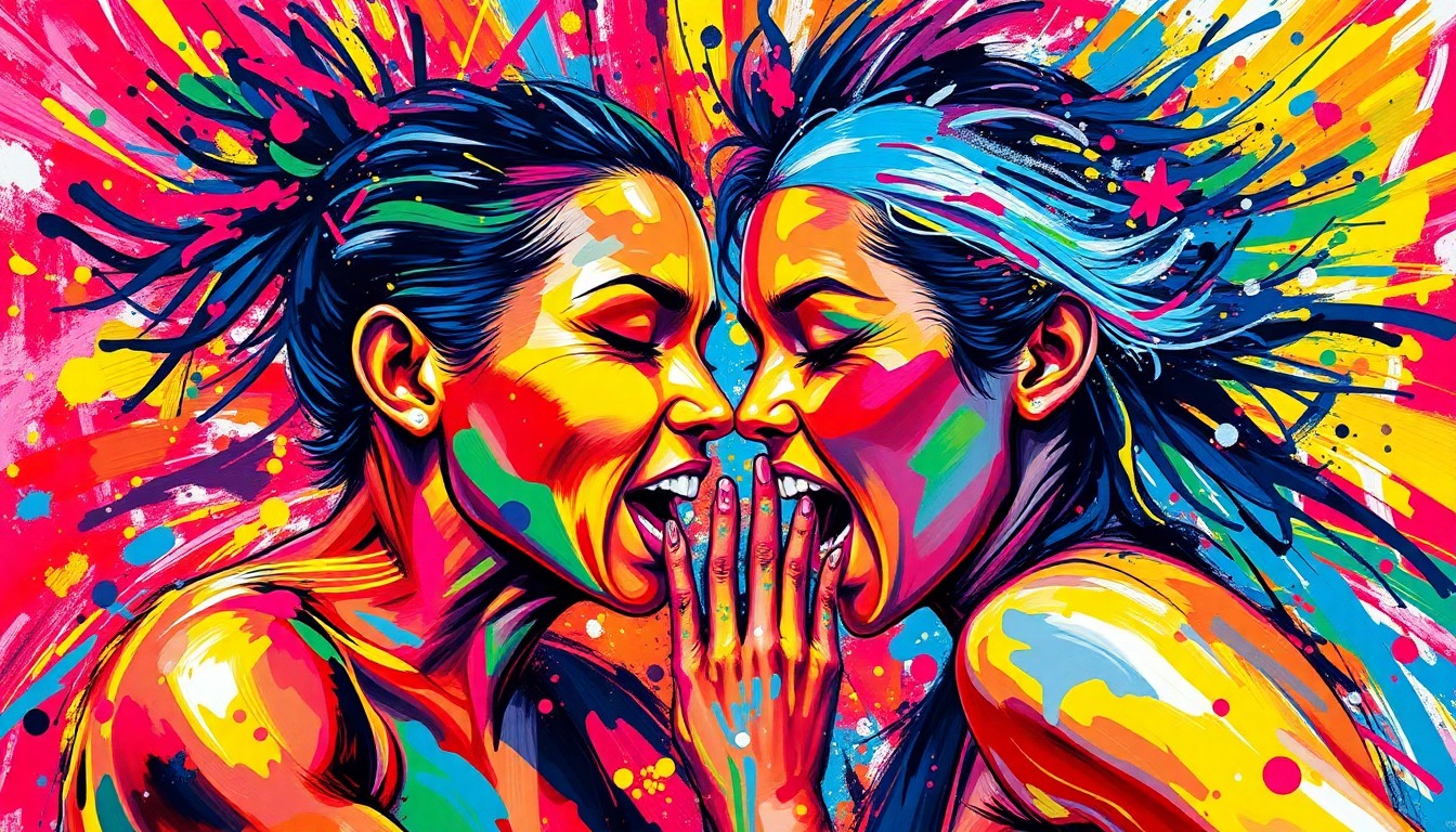 An abstract expressionist painting in neon colors, with rapid brushstrokes depicting the violent collision between two female wrestlers, their faces and bodies blending into unrecognizable shapes and splatters.