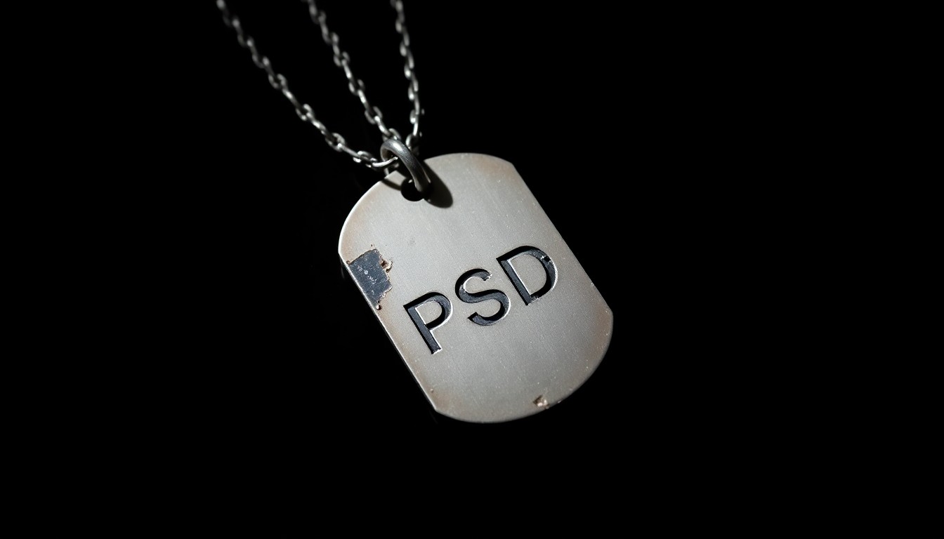 An extreme close-up photograph of a worn, military dog tag against a pitch-black background, lit by a harsh, direct camera flash, conceptually representing the struggles of a veteran with PTSD.