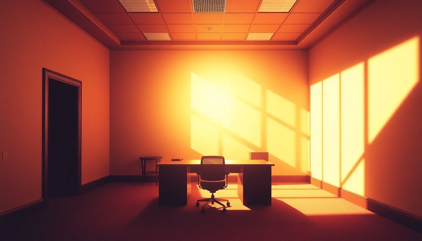 A dimly lit, cinematic painting of an empty government office space with a single desk and chair in the center, the room bathed in warm, diagonal sunlight and deep shadows, conceptually representing the tensions between the U.S. and its European allies.